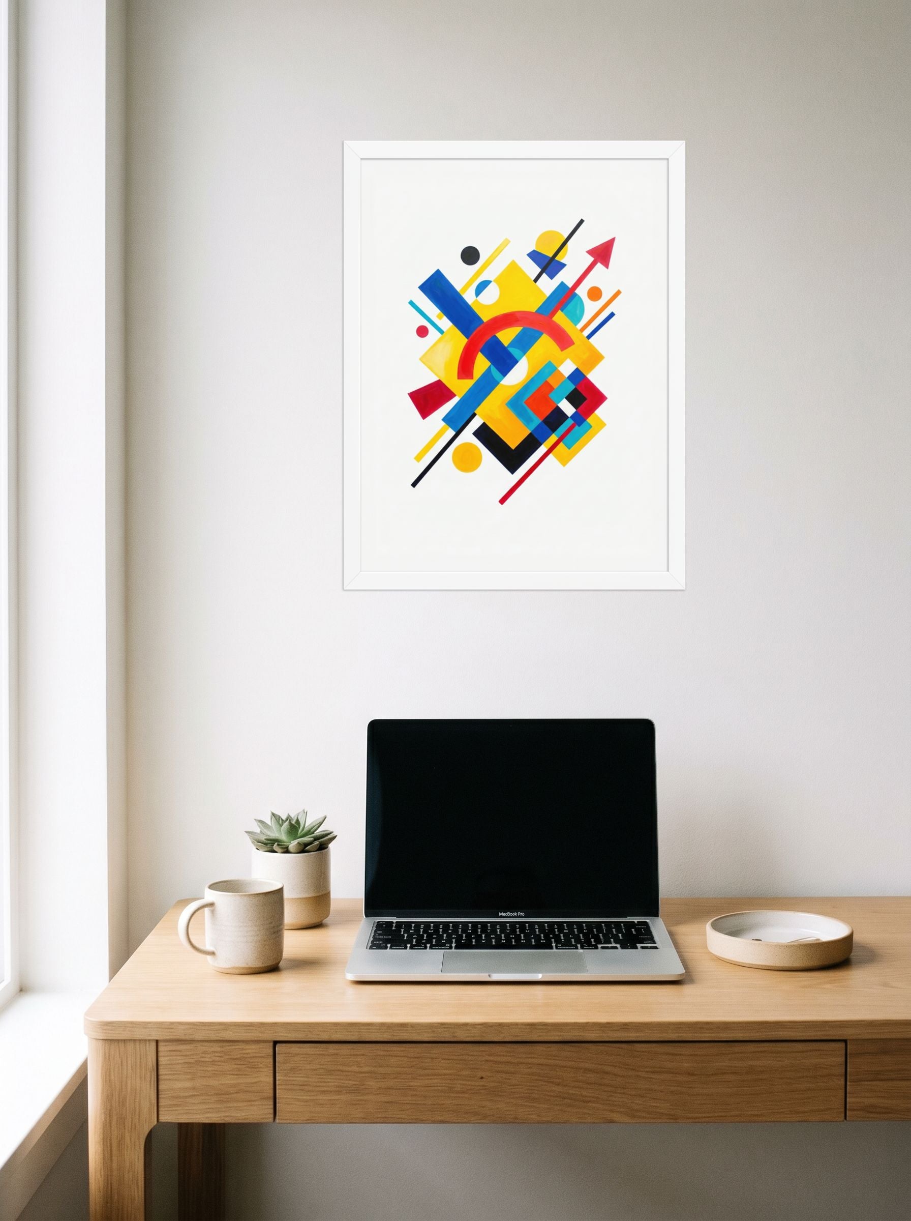 A 18x24 inch white framed Suprematism print of 'Directional Energy' hanging above a worktable with a laptop.