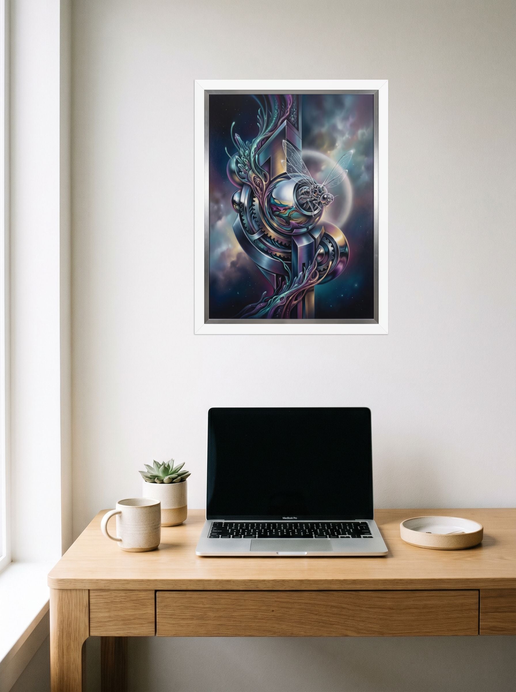 A 18x24 inch white framed Surrealism print of 'The Clockwork Aviator' hanging above a worktable with a laptop.