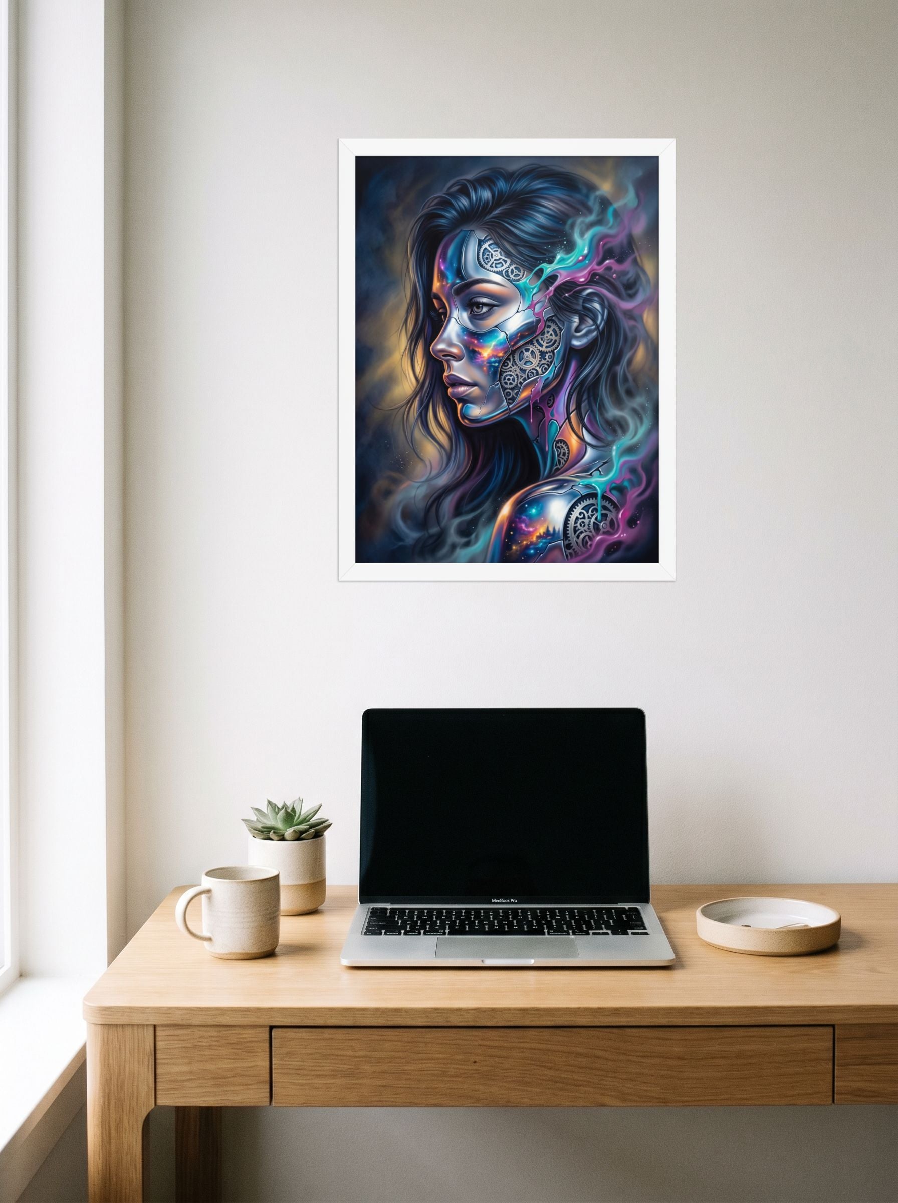A 18x24 inch white framed Surrealism print of 'Cosmic Clockwork' hanging above a worktable with a laptop.