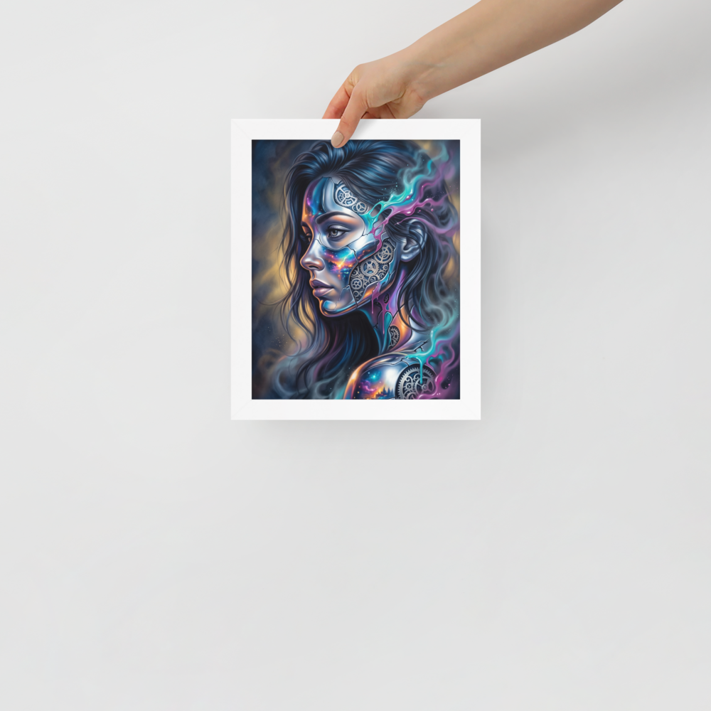 'Cosmic Clockwork' — a Surrealism print. A surreal cyberpunk portrait of a woman with gears and galaxies inside her face for a game room, framed by glowing teal and pink smoke.