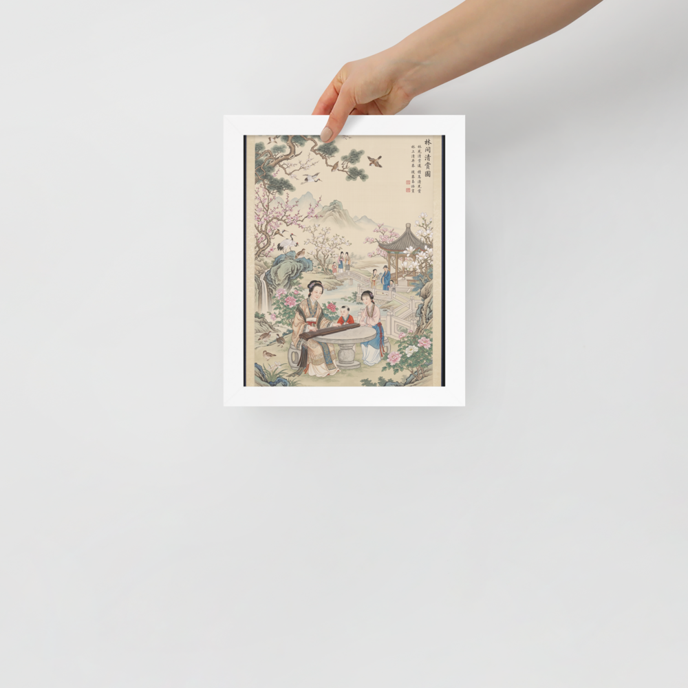 'Melody in the Spring Garden' — a Fine Art print. Perfect for a living room, this traditional Chinese Gongbi style painting features a woman playing a guqin in a lush garden with blossoming flowers, pine trees, cranes, a pavilion, and distant misty mountains.