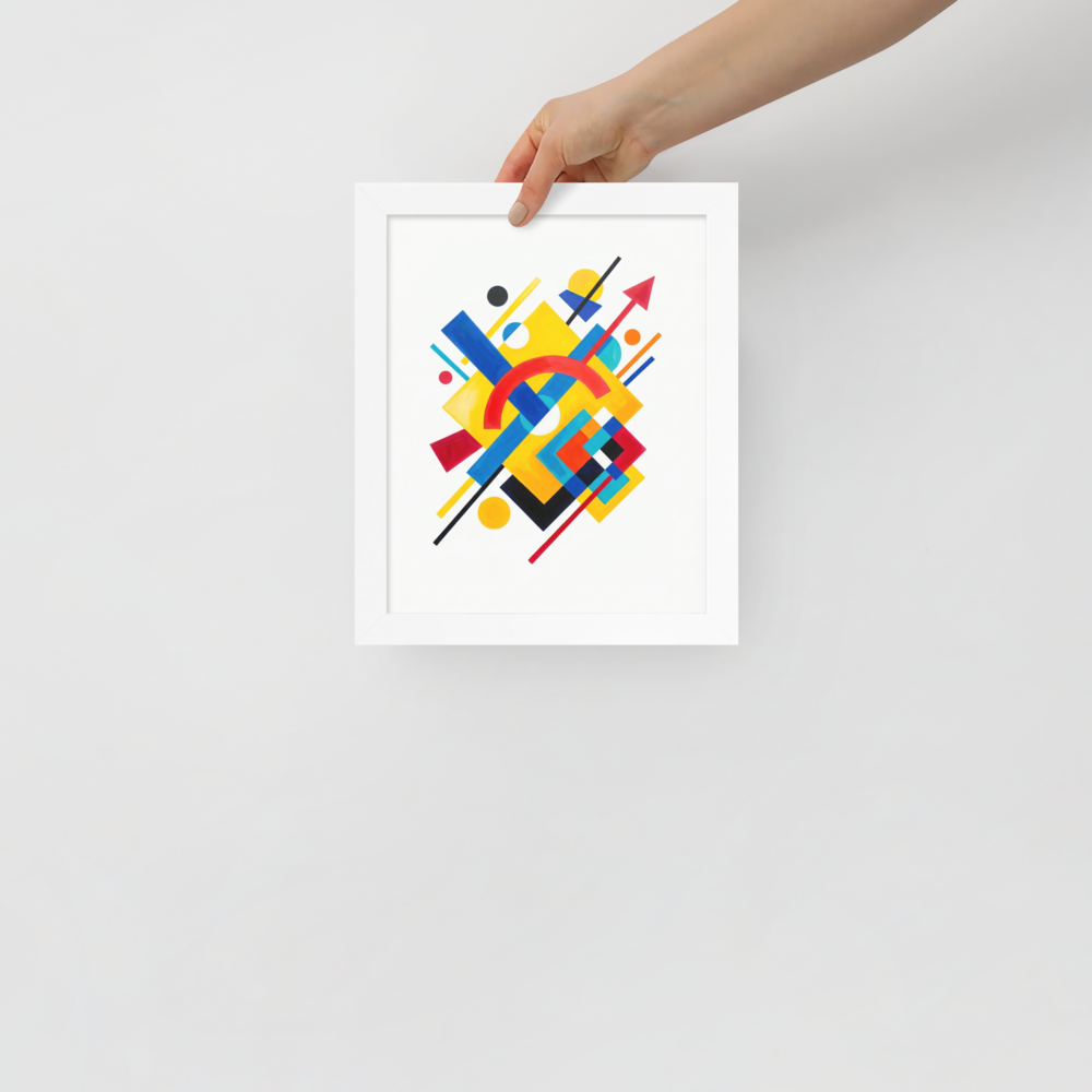 'Directional Energy' — a Suprematism print. A vivid abstract painting featuring overlapping geometric shapes like rectangles, circles, and an arrow in primary colors, a bold addition to a Living Room.