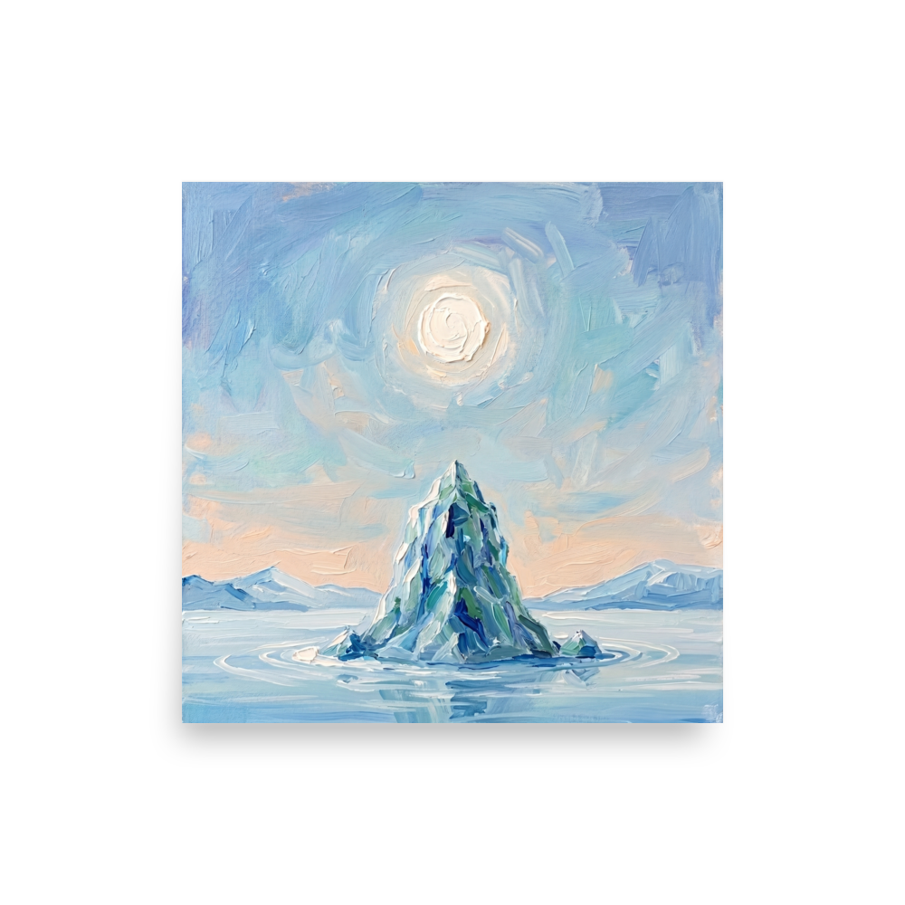 'Frozen Peak' — a Impressionism print. A heavily textured oil painting of an iceberg sitting in calm water under a glowing sun, perfect for a Bedroom or Bathroom.
