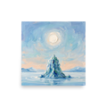 'Frozen Peak' — a Impressionism print. A heavily textured oil painting of an iceberg sitting in calm water under a glowing sun, perfect for a Bedroom or Bathroom.