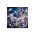 'The Cosmic Painter' — a Space art print. A glowing, ethereal woman painting planets and galaxies into a vibrant cosmic sky using an airbrush, a stunning focal point for a Bedroom.