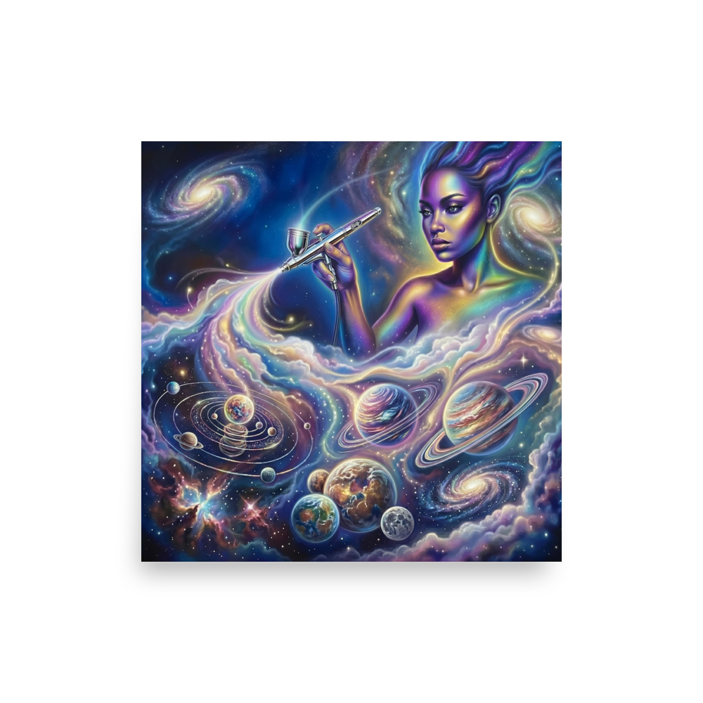 'The Cosmic Painter' — a Space art print. A glowing, ethereal woman painting planets and galaxies into a vibrant cosmic sky using an airbrush, a stunning focal point for a Bedroom.