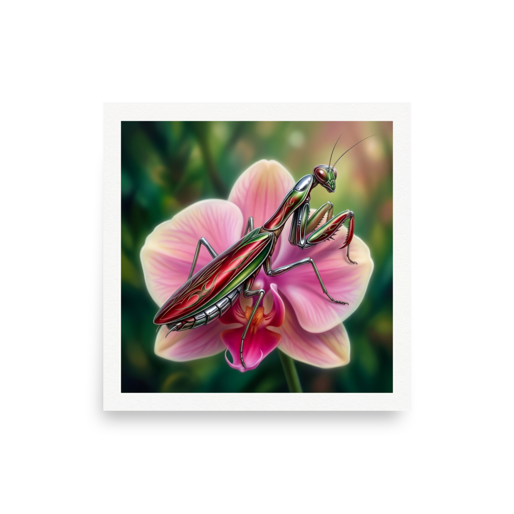 'Chrome Mantis' — a Surrealism print. A vibrant illustration of a metallic praying mantis painted like a hot rod in cherry red and chrome sitting on a pink orchid, perfect for a studio.