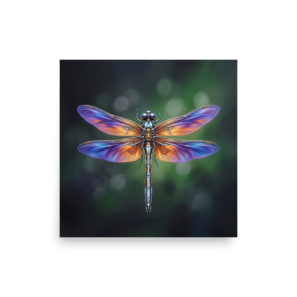 'Gears of the Dragonfly' — a Surrealism print. A highly detailed mechanical dragonfly with glowing purple and orange wings and brass gears on its back, set against a dark green background, perfect for a Living Room.