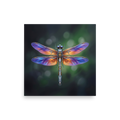 'Gears of the Dragonfly' — a Surrealism print. A highly detailed mechanical dragonfly with glowing purple and orange wings and brass gears on its back, set against a dark green background, perfect for a Living Room.