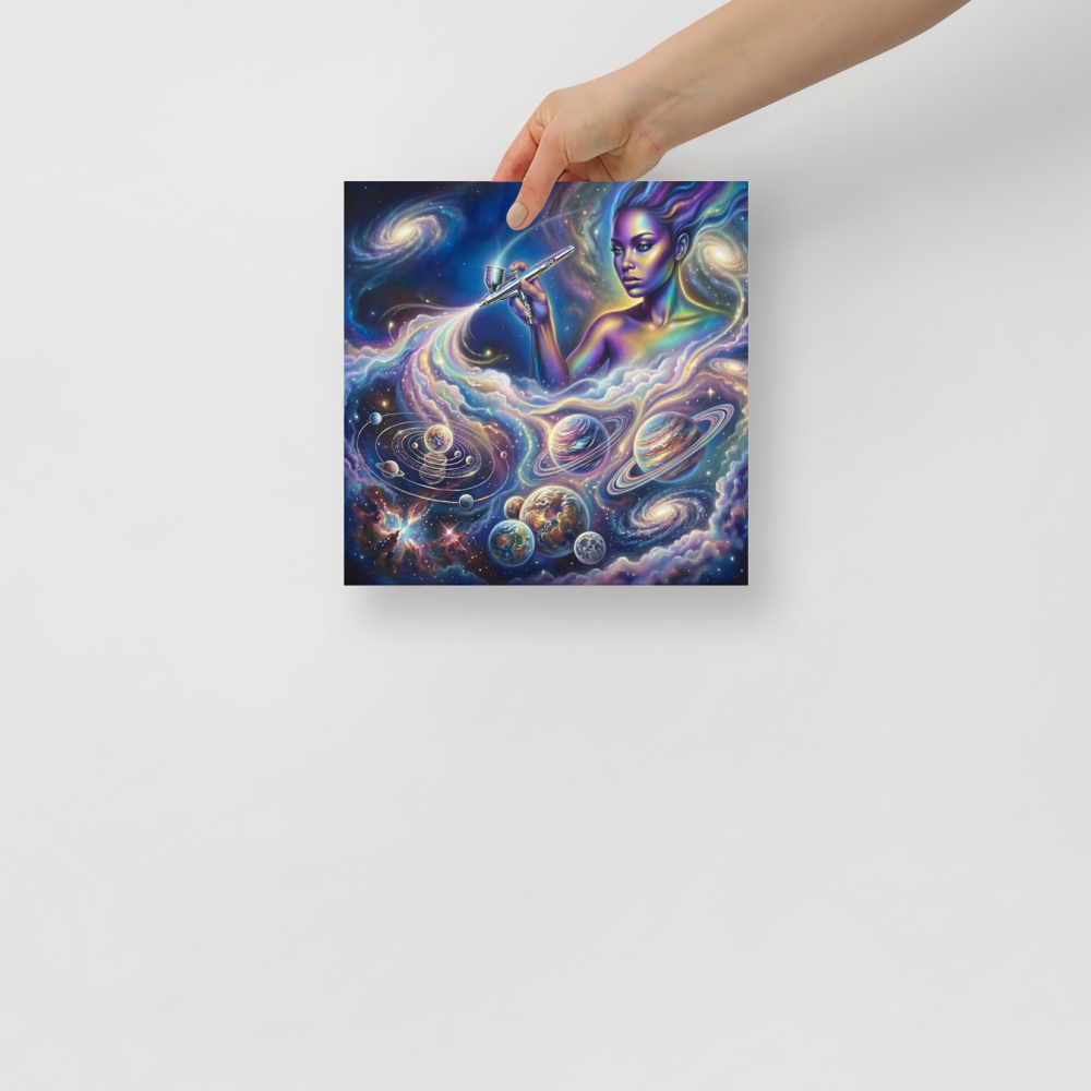 'The Cosmic Painter' — a Space art print. A glowing, ethereal woman painting planets and galaxies into a vibrant cosmic sky using an airbrush, a stunning focal point for a Bedroom.