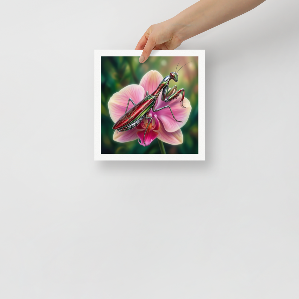 'Chrome Mantis' — a Surrealism print. A vibrant illustration of a metallic praying mantis painted like a hot rod in cherry red and chrome sitting on a pink orchid, perfect for a studio.
