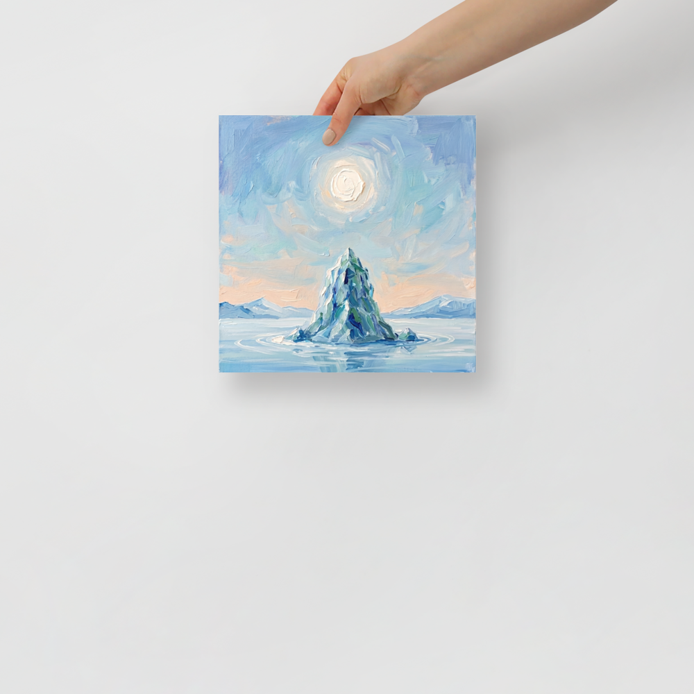 'Frozen Peak' — a Impressionism print. A heavily textured oil painting of an iceberg sitting in calm water under a glowing sun, perfect for a Bedroom or Bathroom.