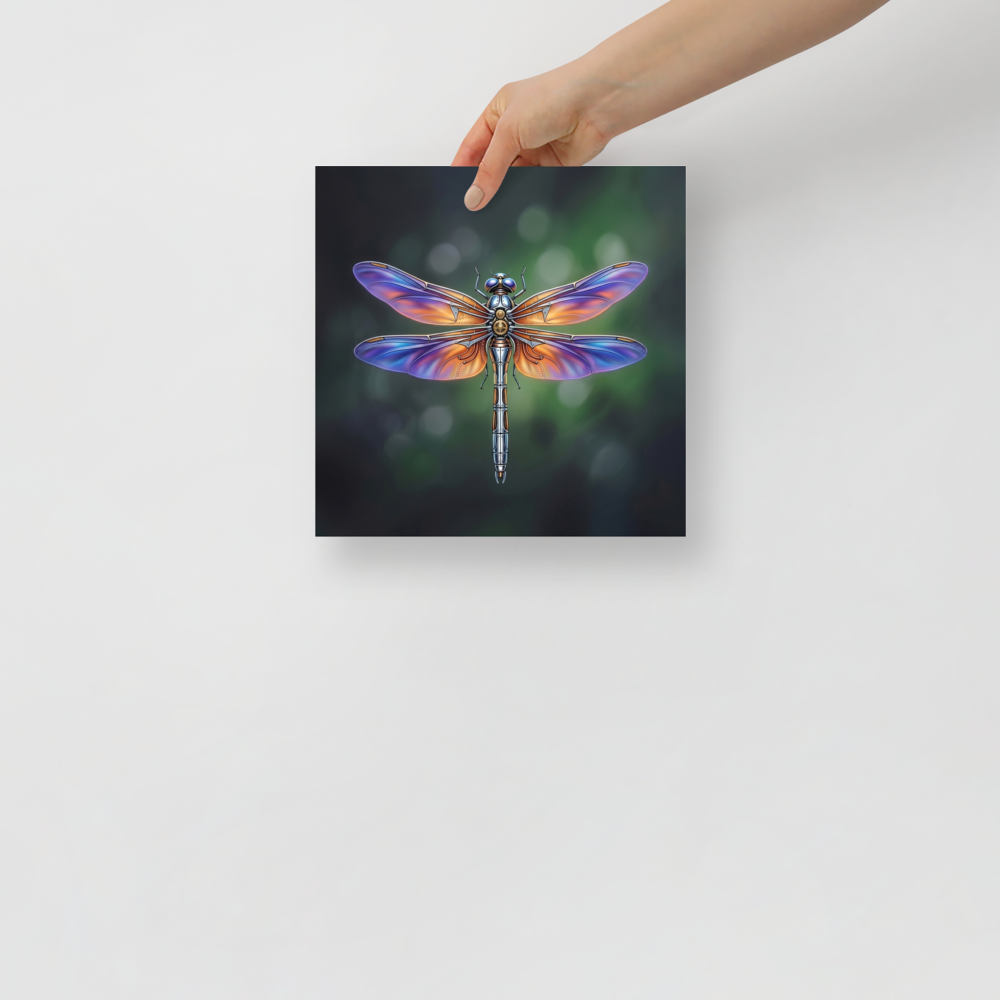 'Gears of the Dragonfly' — a Surrealism print. A highly detailed mechanical dragonfly with glowing purple and orange wings and brass gears on its back, set against a dark green background, perfect for a Living Room.