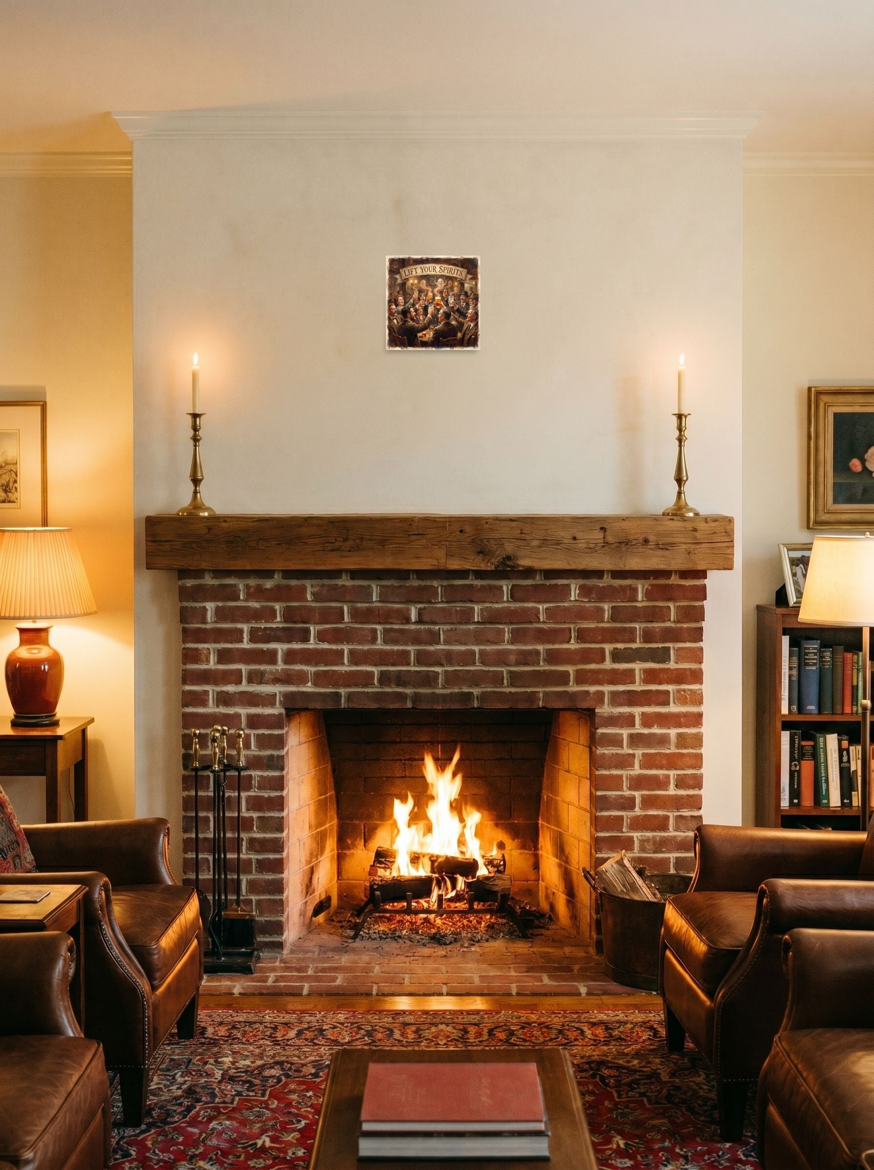 10x10 inch unframed paper print of 'Lift Your Spirits', hung over a fireplace as a focal point.