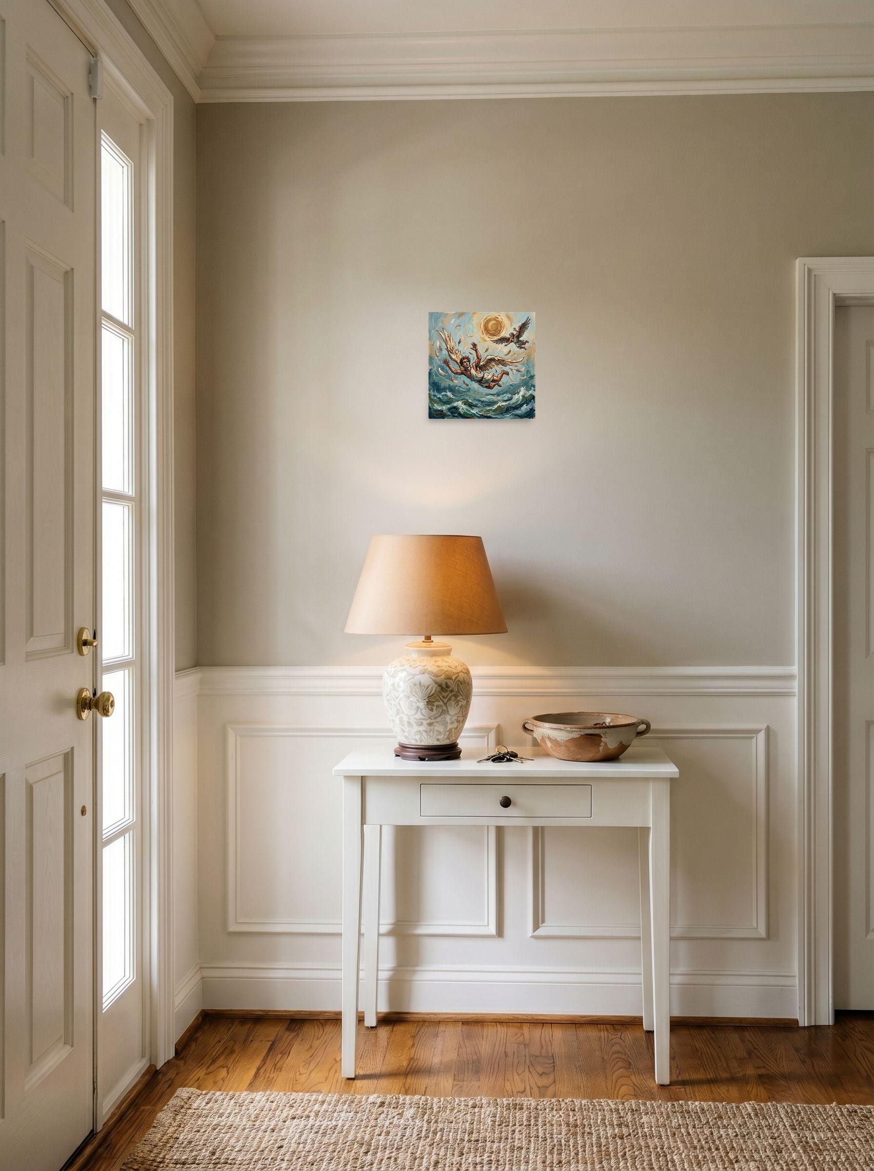 'The Fall of Icarus', a Expressionism print set against a bright entryway wall. Shown as unframed paper, 10x10 inch.