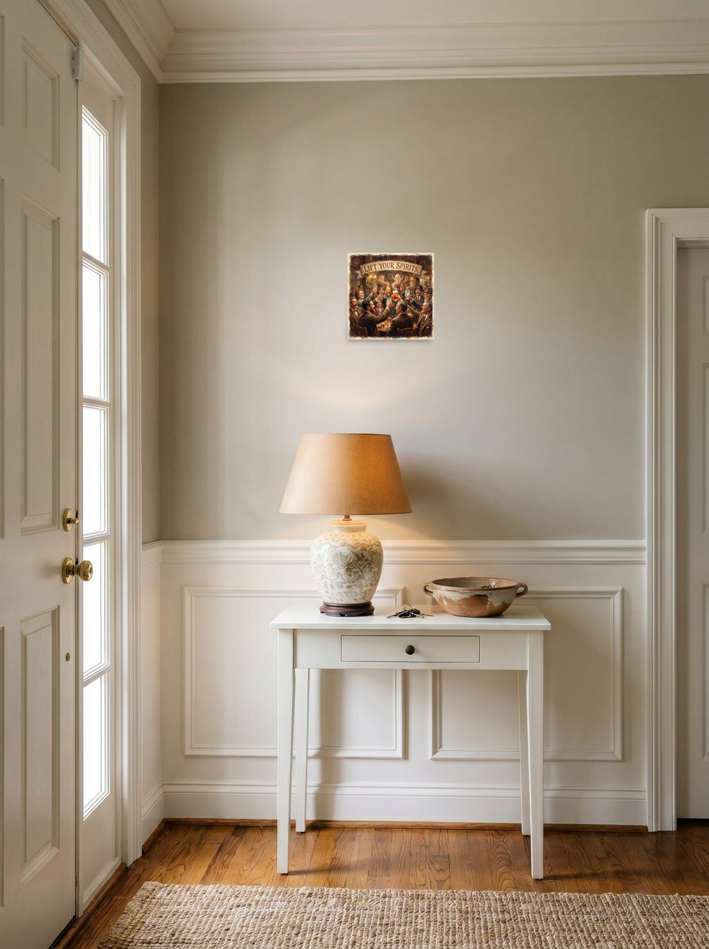 See 'Lift Your Spirits' as a unframed paper print (10x10 inch), set against a bright entryway wall.