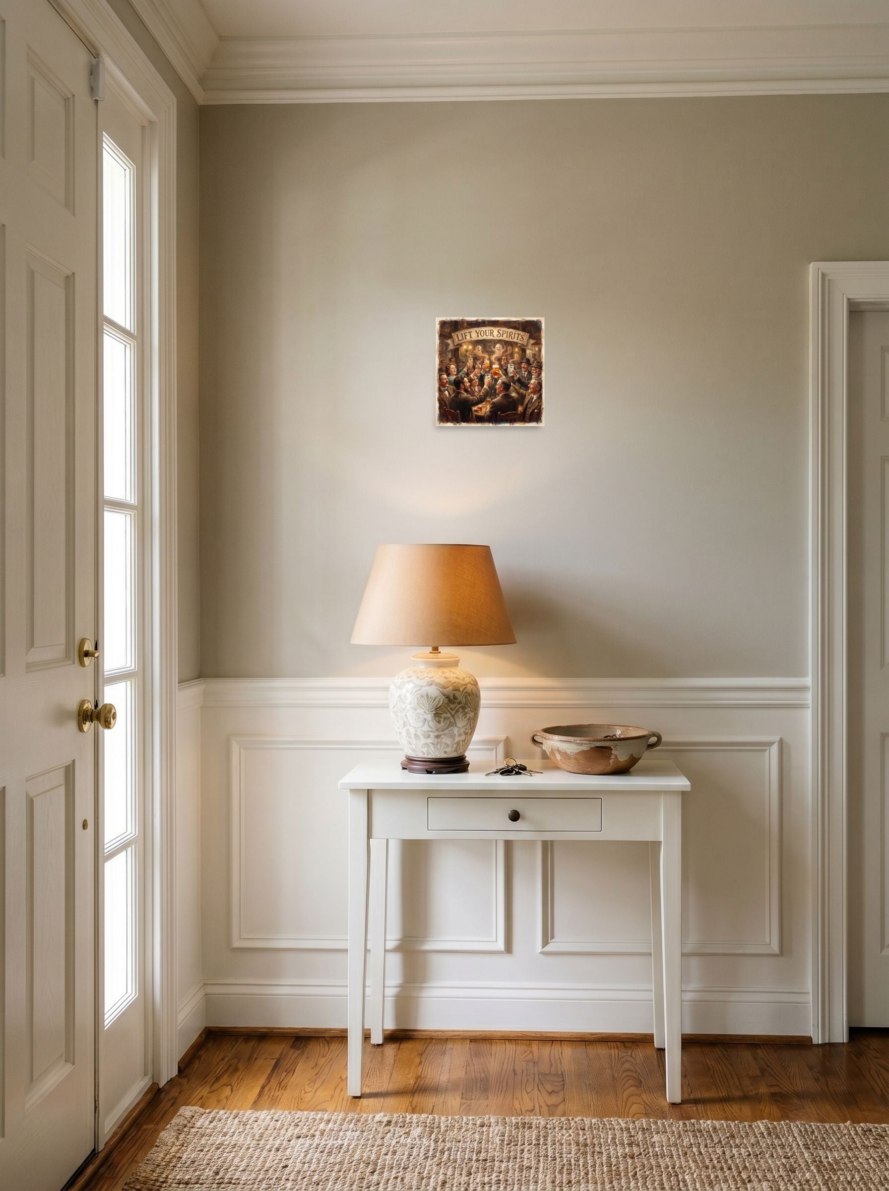 See 'Lift Your Spirits' as a unframed paper print (10x10 inch), set against a bright entryway wall.