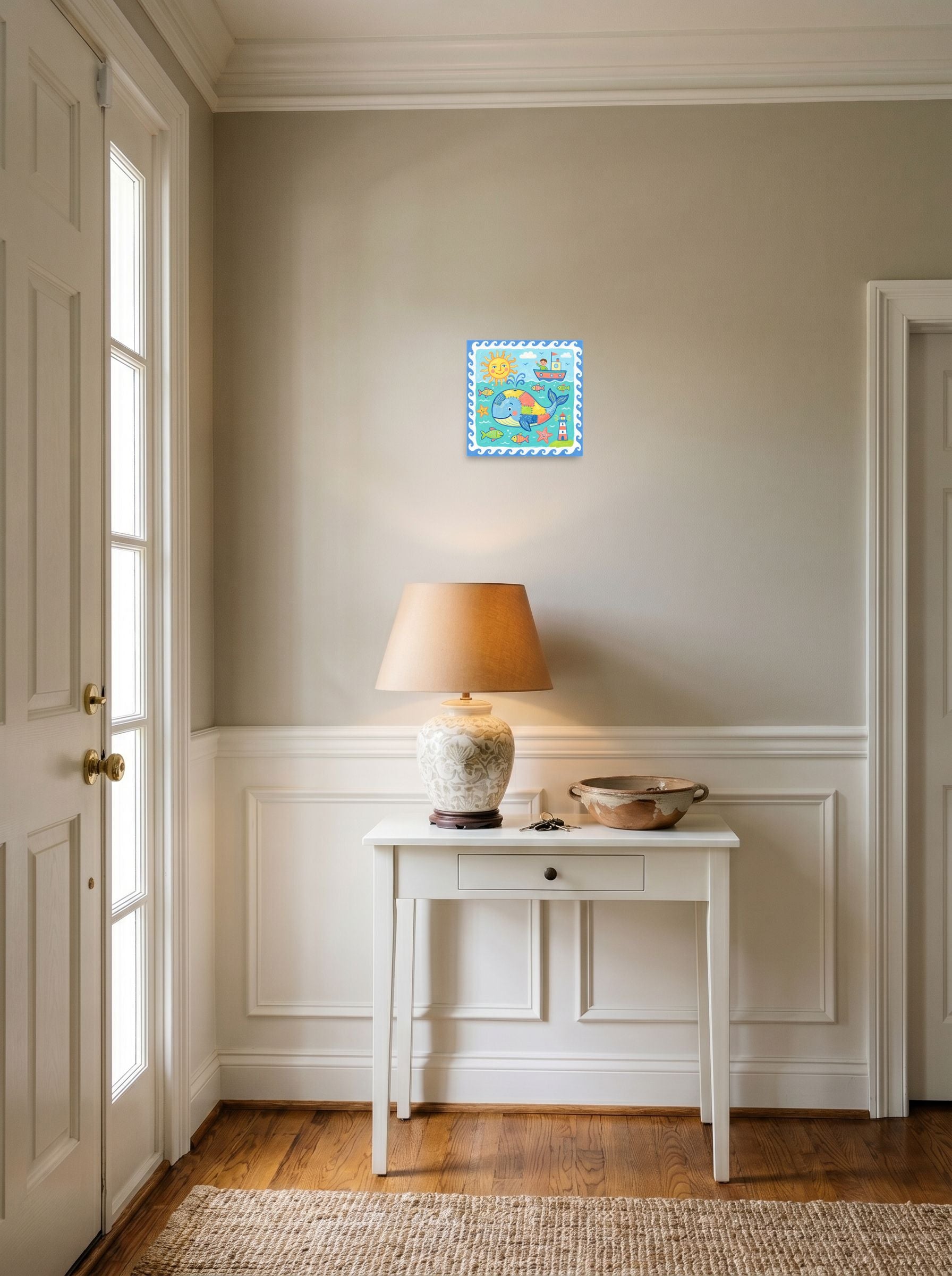 A 10x10 inch unframed paper Naive art print of 'Patchwork Whale' hanging in an entryway near a console.