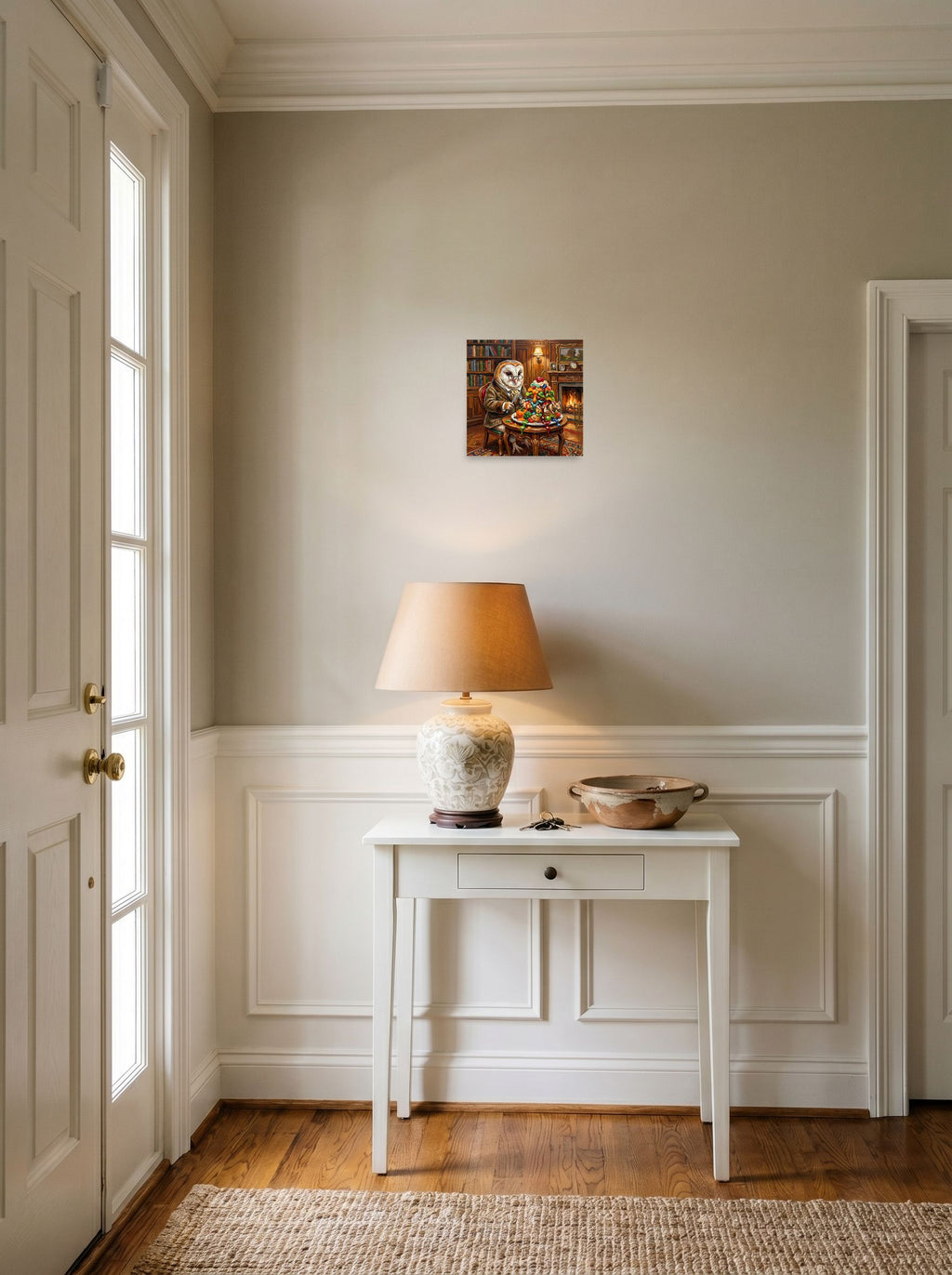 A 10x10 inch unframed paper Expressionism print of 'Attorney at Paw' hanging in an entryway near a console.