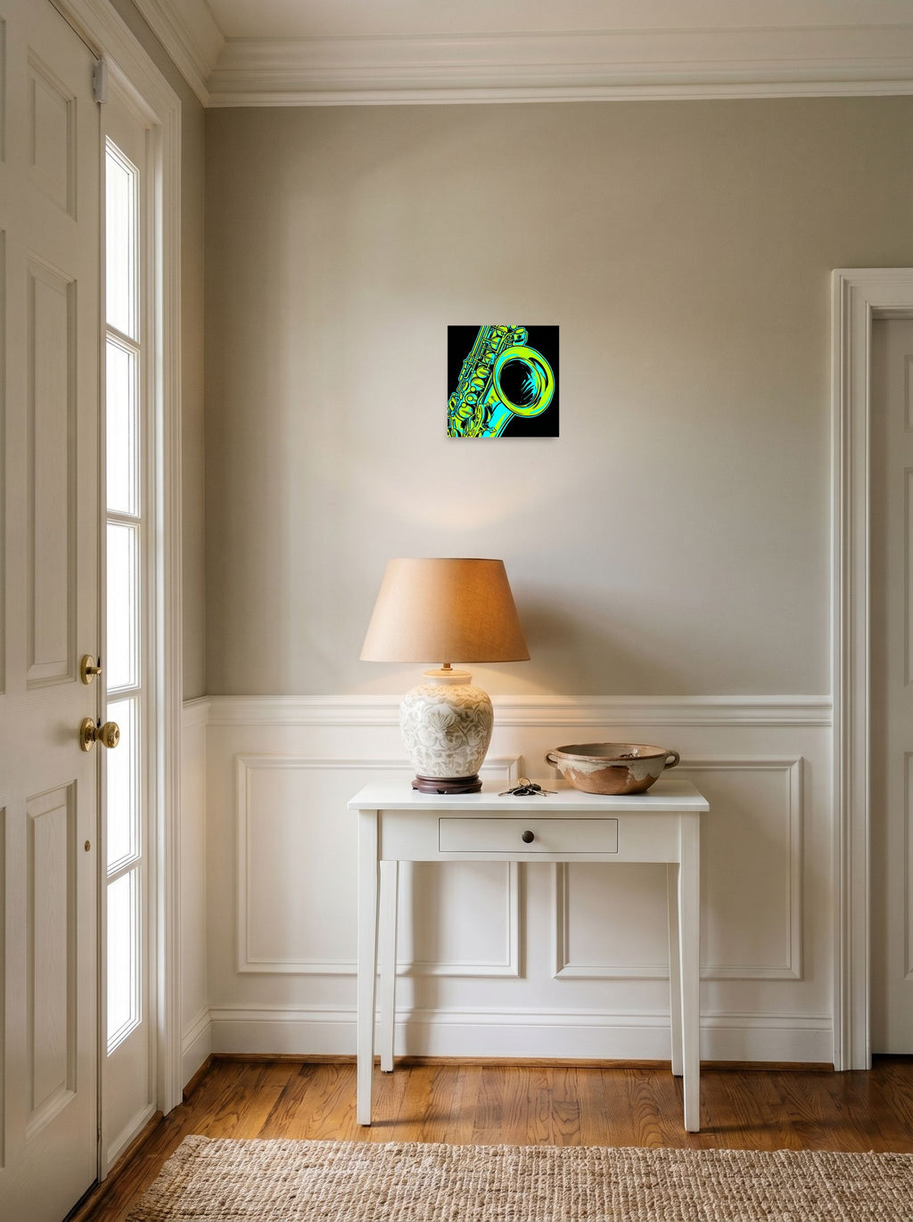 A 10x10 inch unframed paper Pop art print of 'Neon Rhythms' hanging in an entryway near a console.