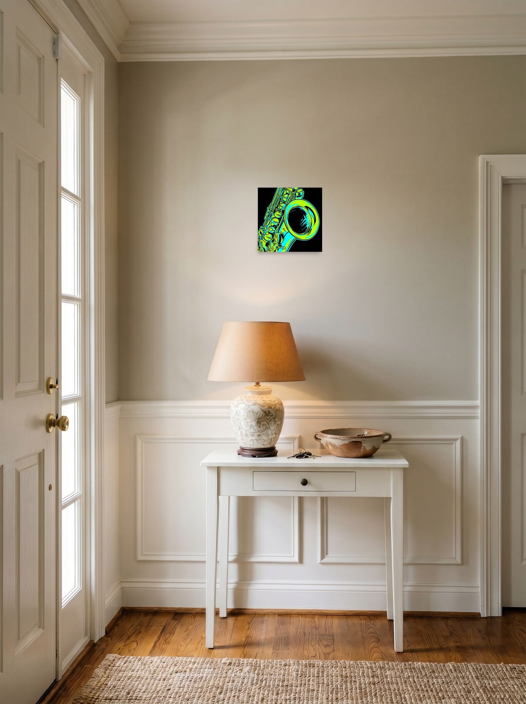 A 10x10 inch unframed paper Pop art print of 'Neon Rhythms' hanging in an entryway near a console.