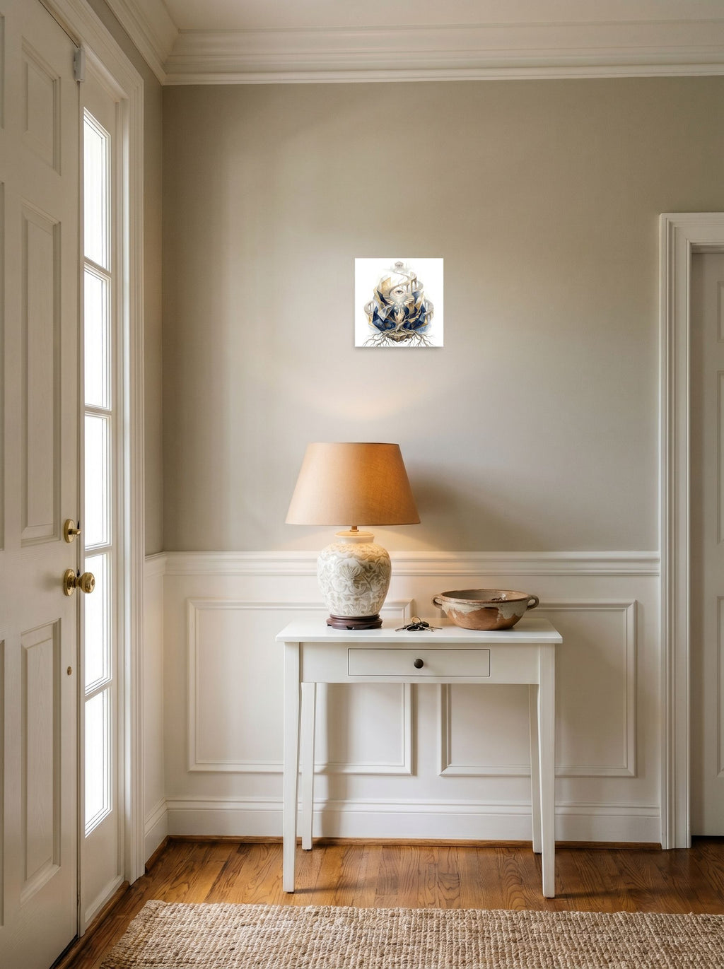 A 10x10 inch unframed paper Surrealism print of 'Ascent to the Mind's Temple' hanging in an entryway near a console.