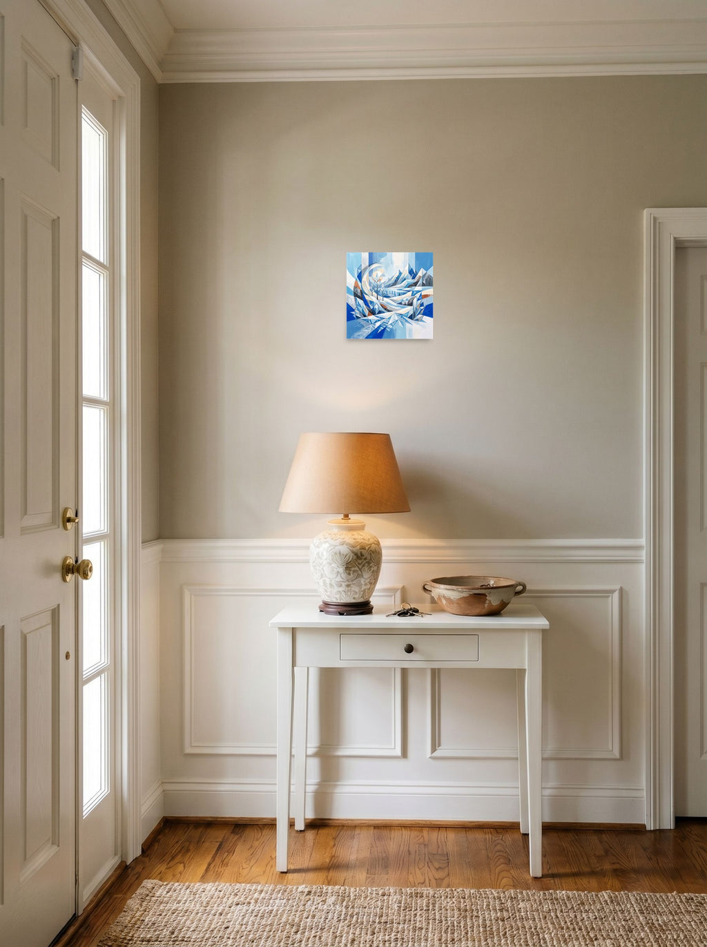 'Crystalline Alpine Haven' styled above a console table in an entryway, printed as unframed paper at 10x10 inch.