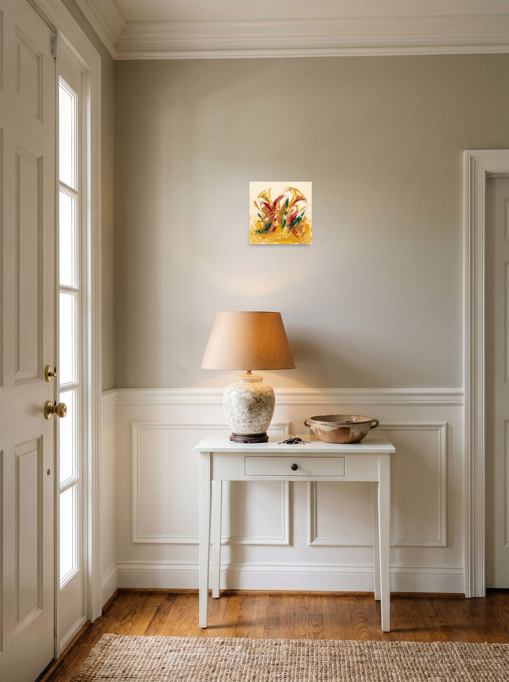 A 10x10 inch unframed paper version of 'Wild Flora in High Relief', Abstract expressionism wall art, hanging in an entryway near a console.