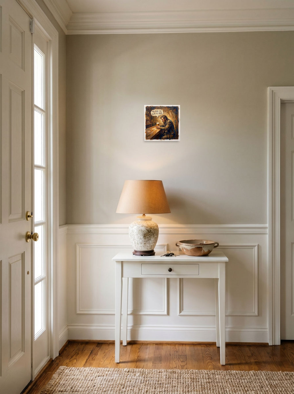 A 10x10 inch unframed paper version of 'The Drinkers Dilemma', Impressionism wall art, set against a bright entryway wall.