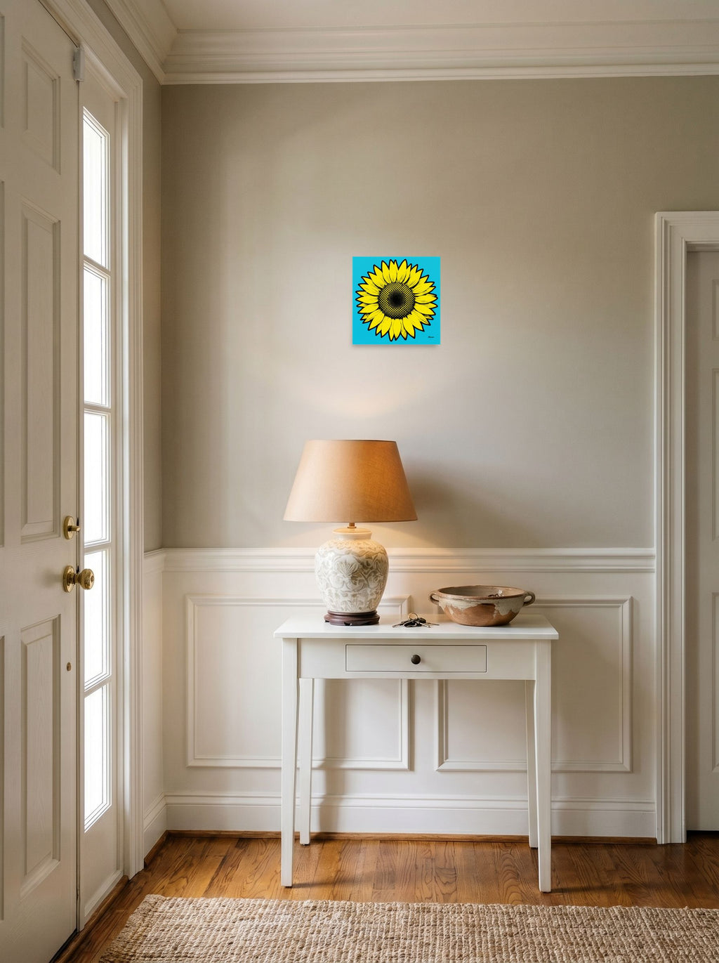 A 10x10 inch unframed paper Pop art print of 'Cyan Sunflower' hanging in an entryway near a console.