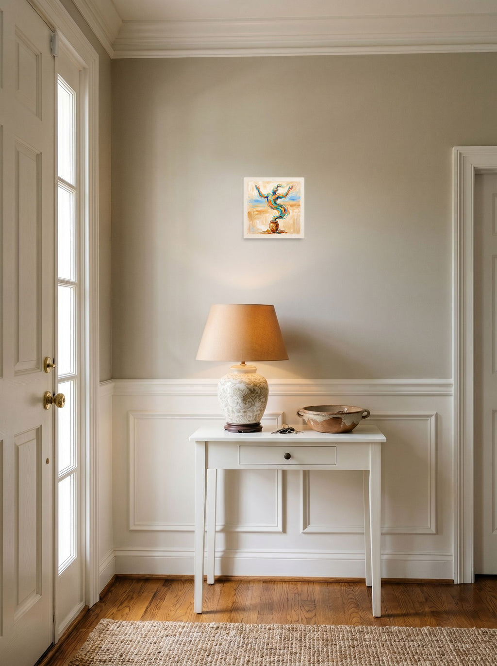 unframed paper wall art 'Rise of the Djinn' set against a bright entryway wall, at 10x10 inch.