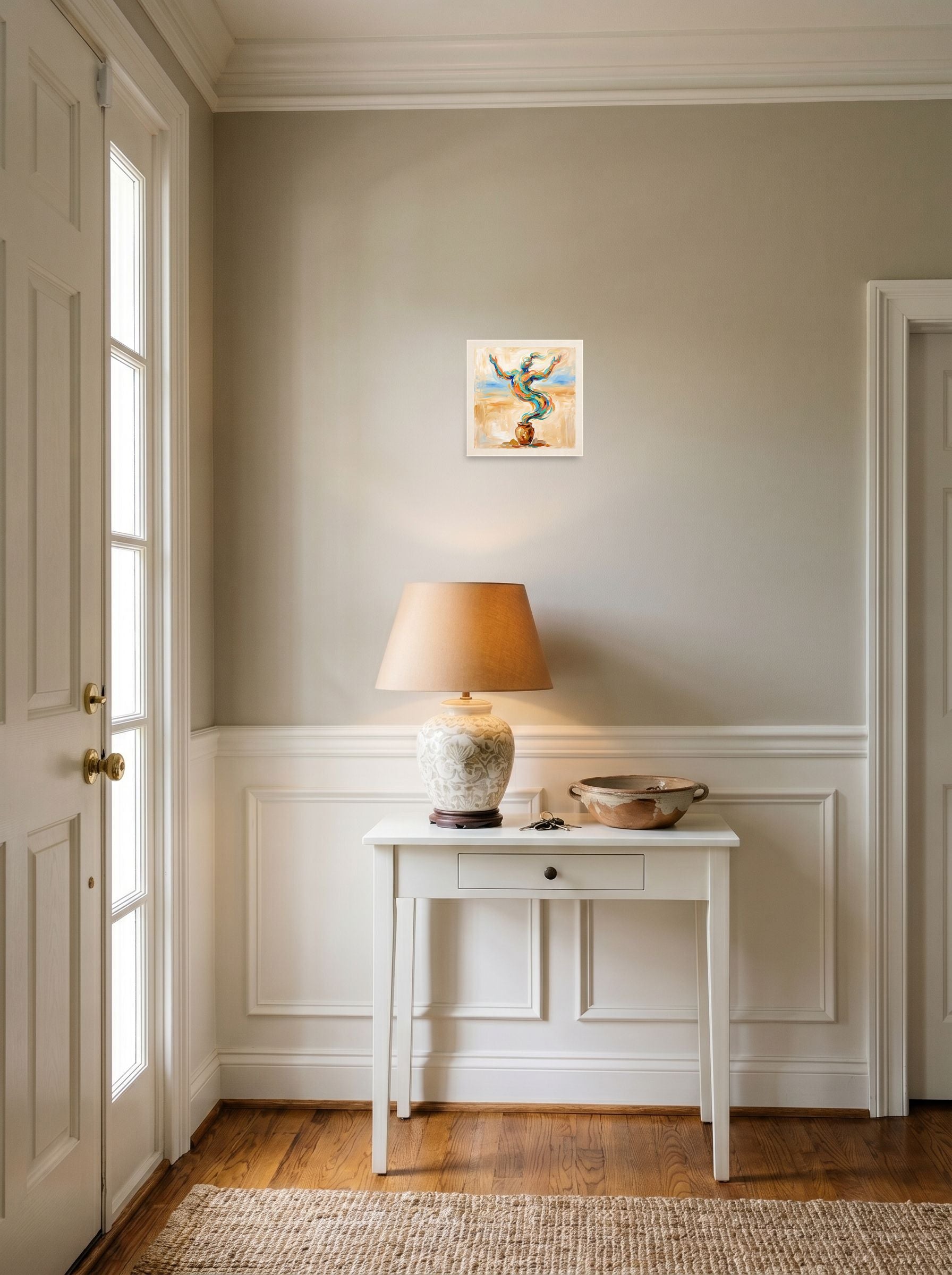 unframed paper wall art 'Rise of the Djinn' set against a bright entryway wall, at 10x10 inch.