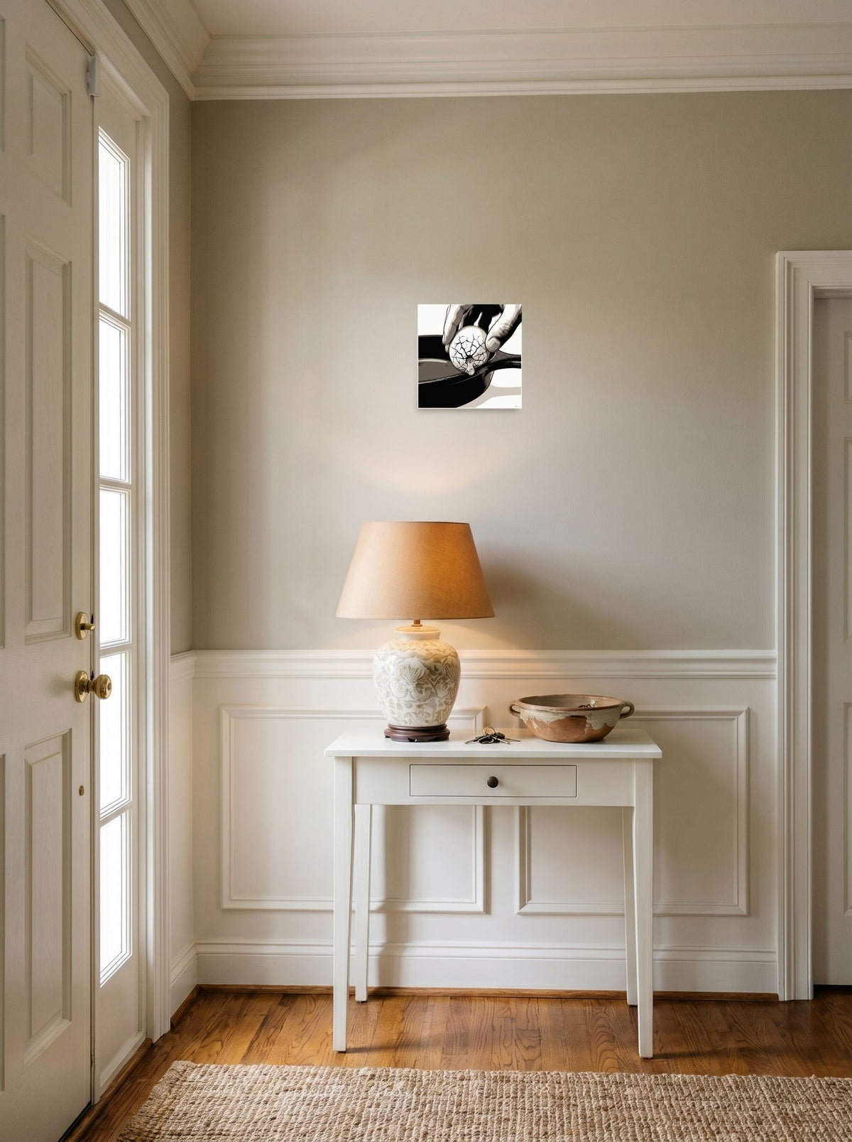 'Cracking the Shell' in 10x10 inch unframed paper, styled above a console table in an entryway.