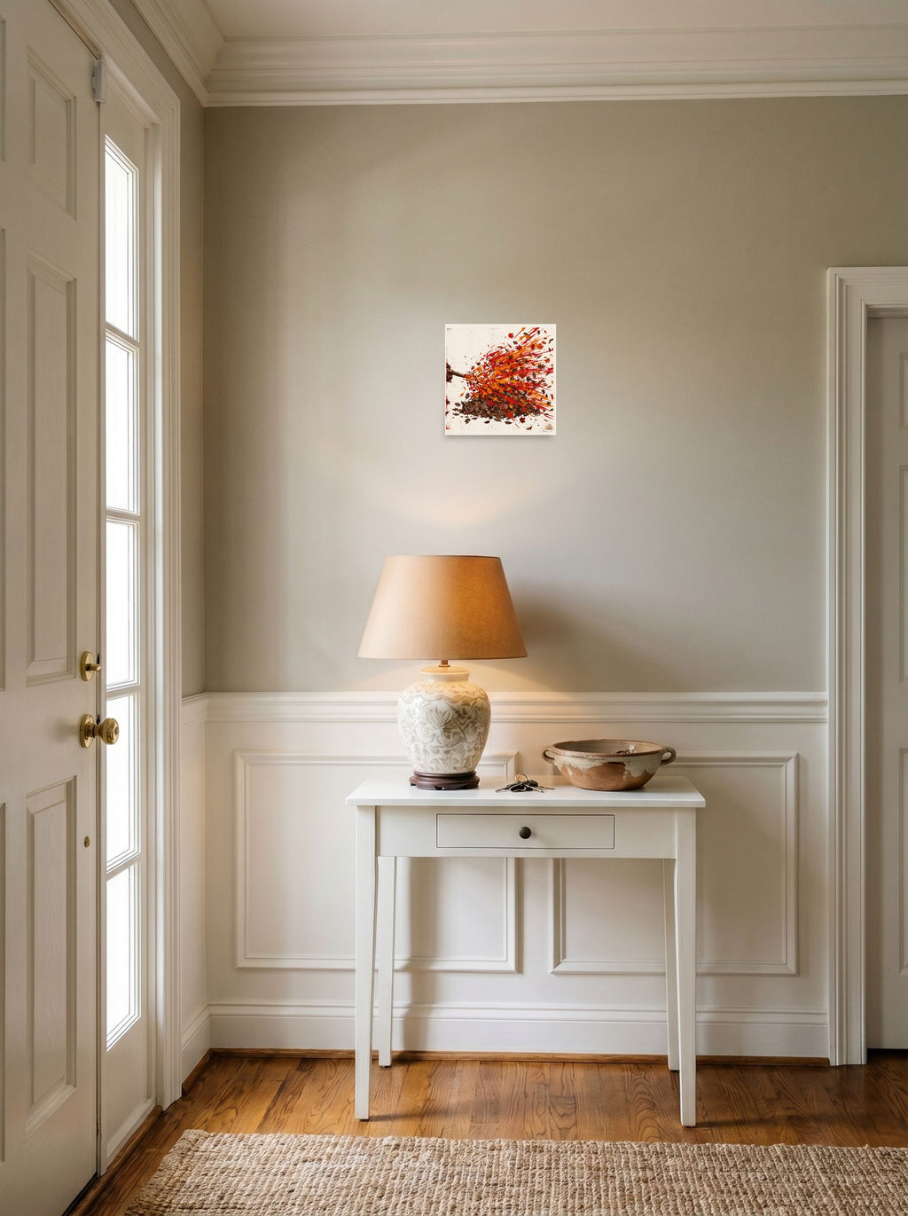 'Autumn Blast' in 10x10 inch unframed paper, styled above a console table in an entryway.