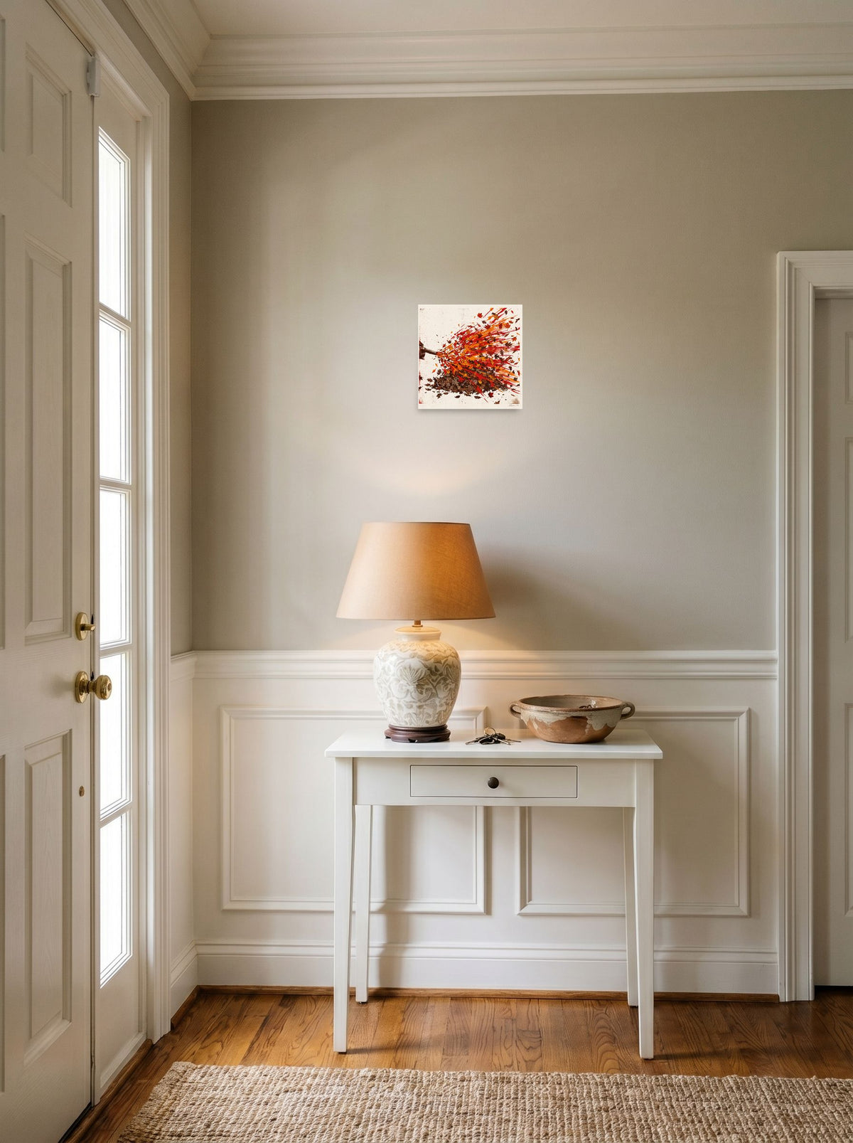 'Autumn Blast' in 10x10 inch unframed paper, styled above a console table in an entryway.