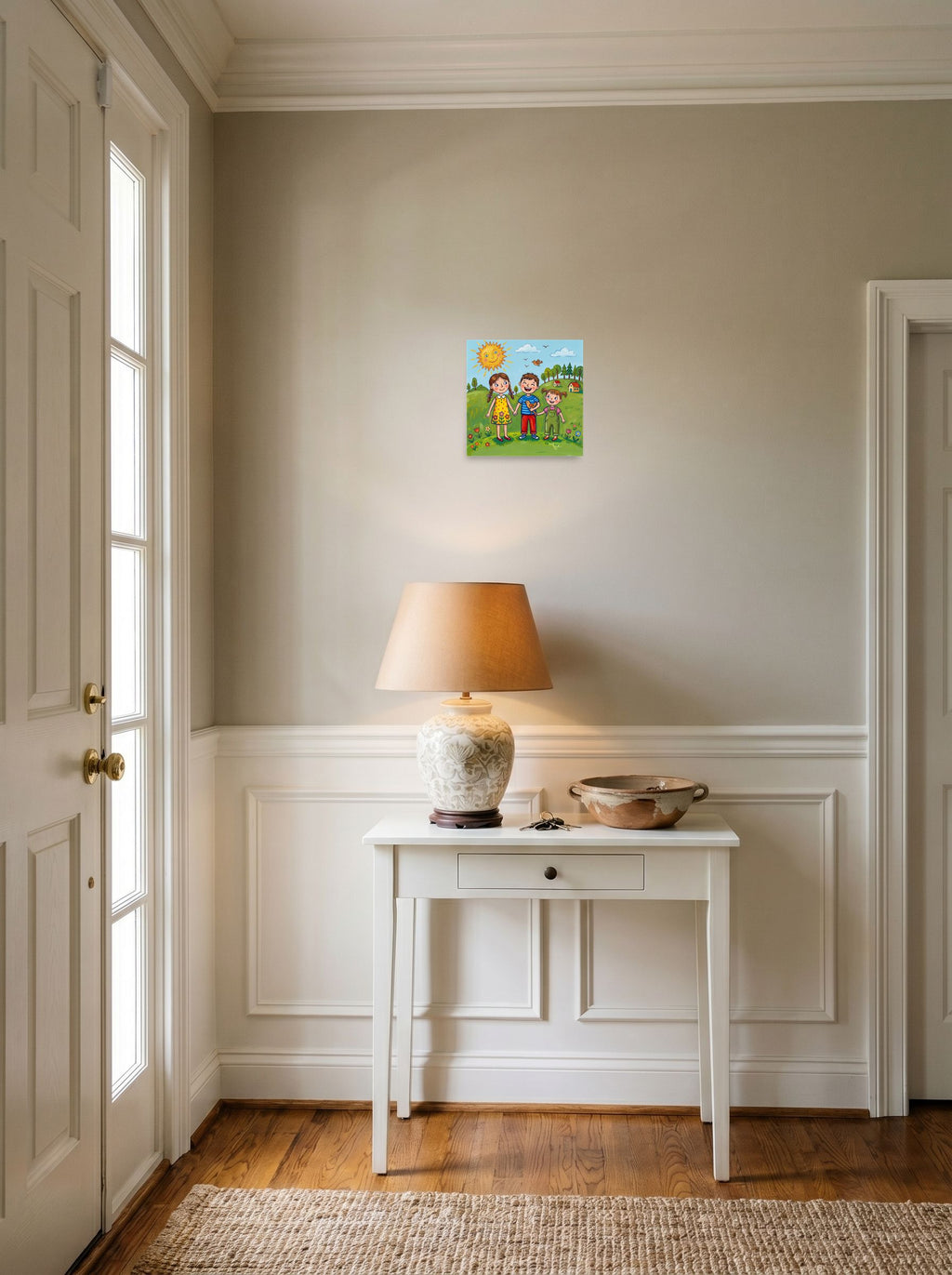 A 10x10 inch unframed paper Naive art print of 'Friends in the Sun' hanging in an entryway near a console.