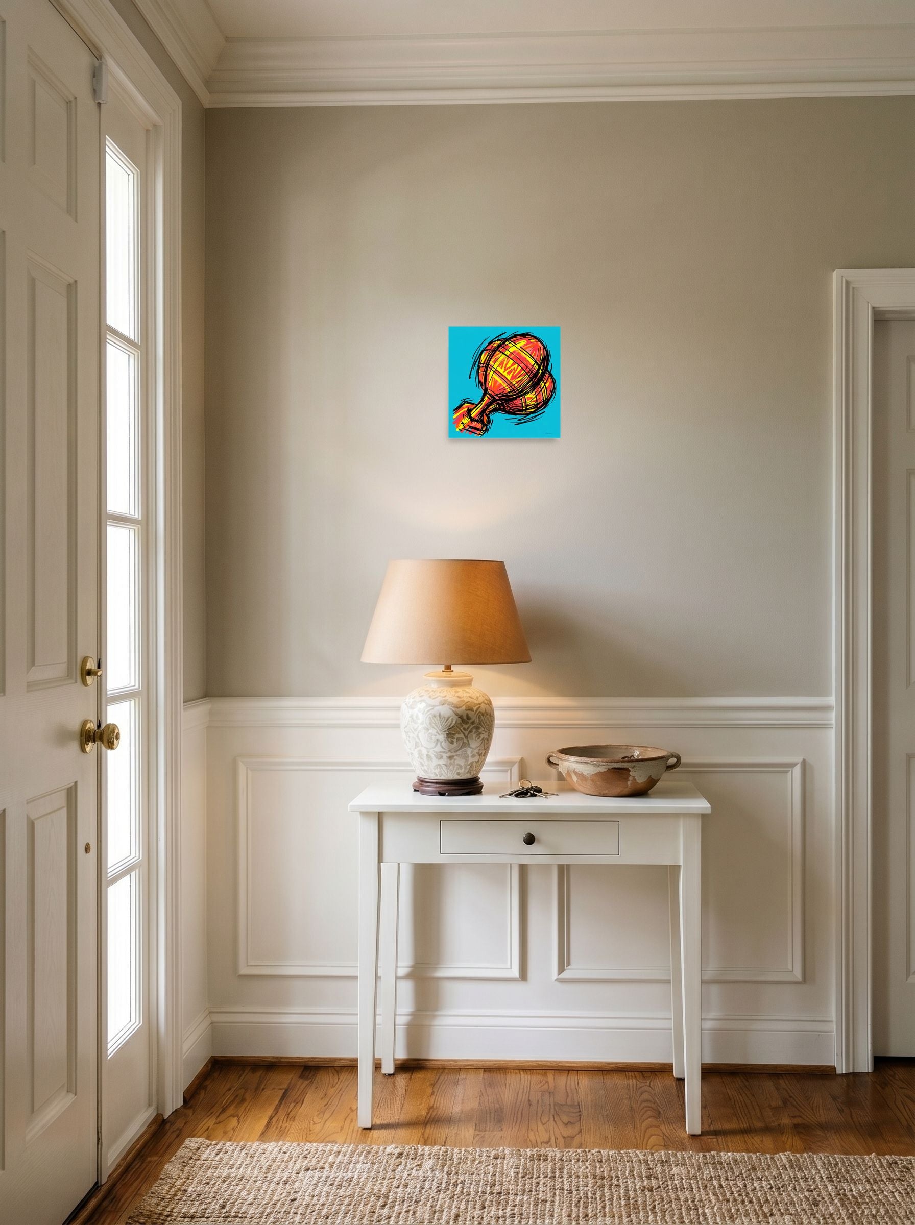 A 10x10 inch unframed paper Pop art print of 'Scribbled Ascent' hanging in an entryway near a console.