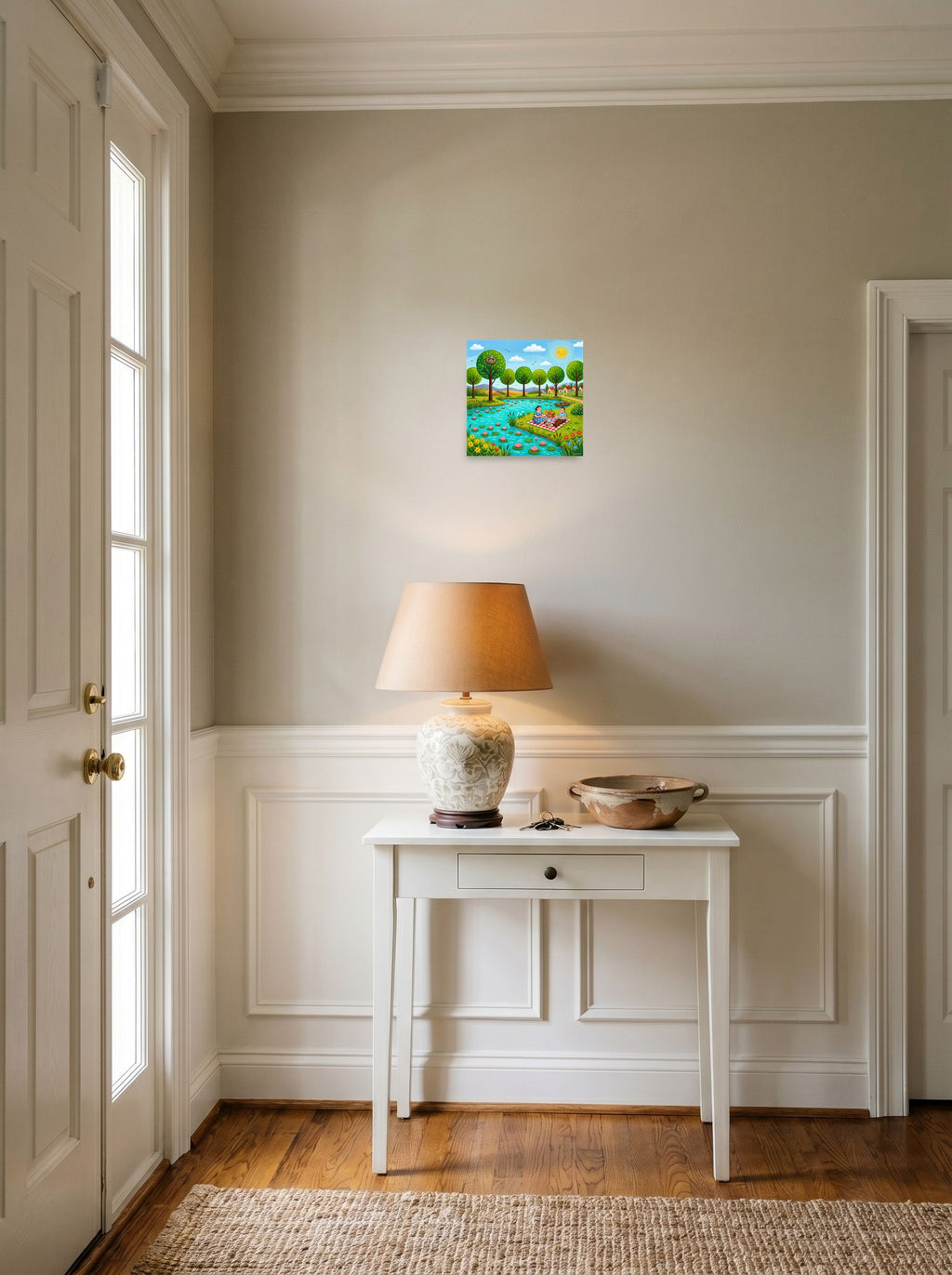 unframed paper wall art 'Lakeside Picnic' set against a bright entryway wall, at 10x10 inch.