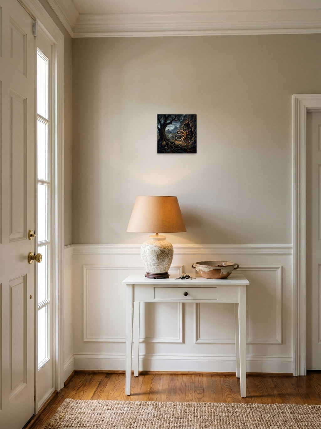 A 10x10 inch unframed paper version of 'Hercules and the Hydra', Academic art wall art, hanging in an entryway near a console.