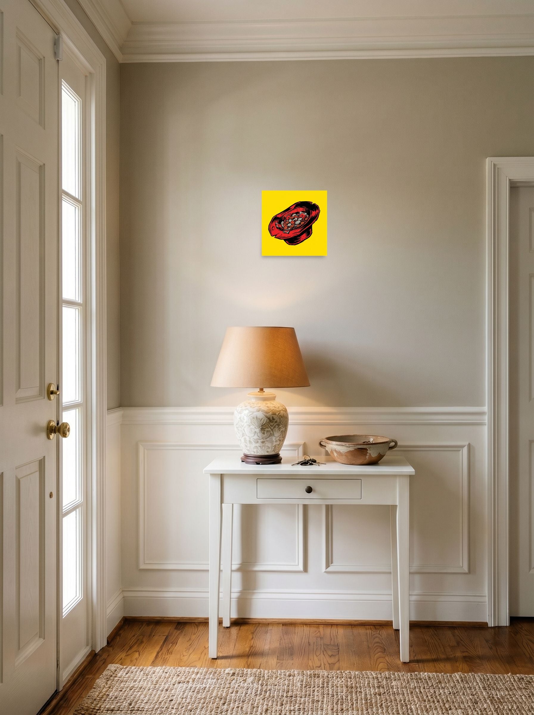 A 10x10 inch unframed paper Pop art print of 'The Busker's Fortune' hanging in an entryway near a console.