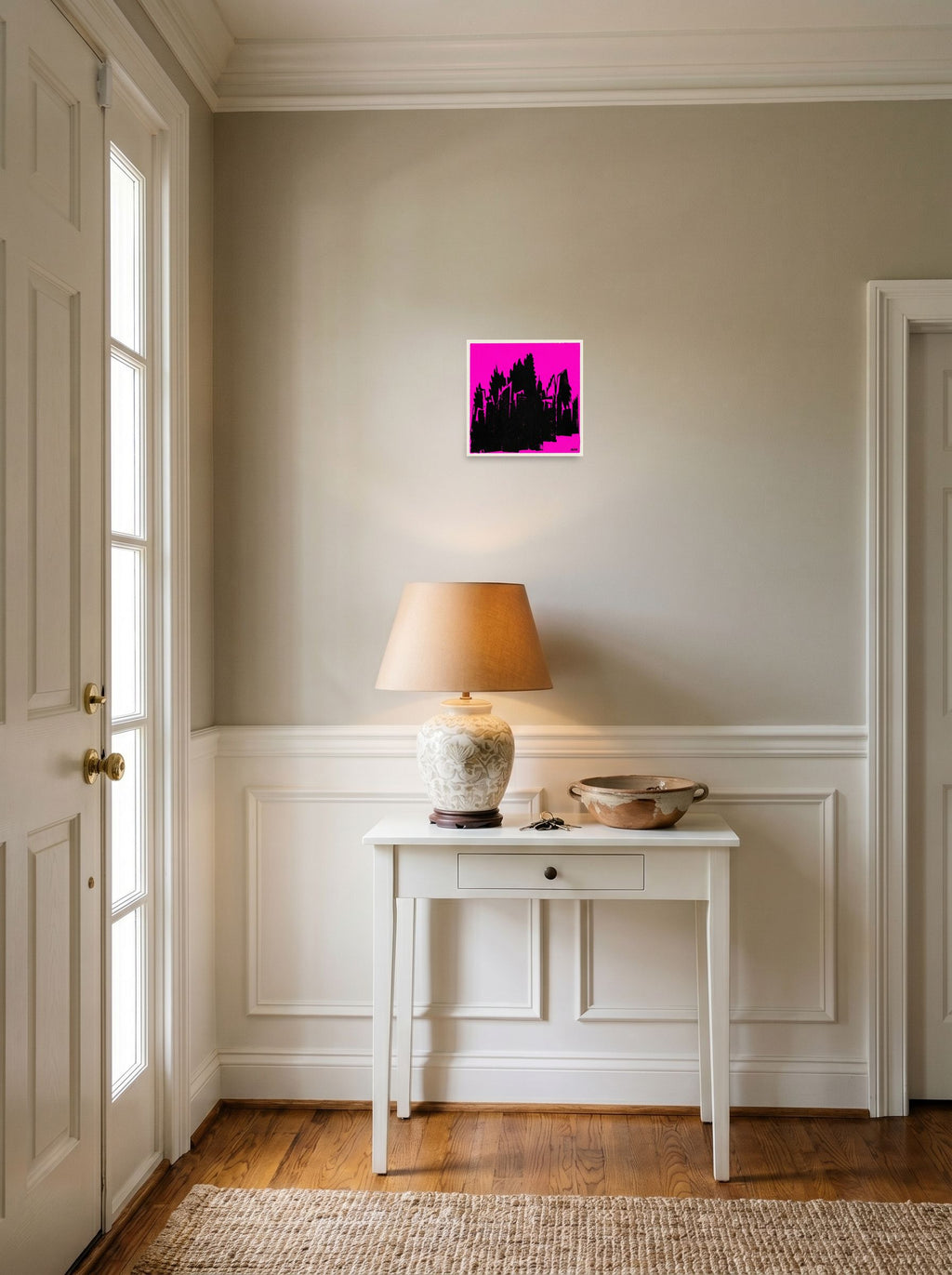 A 10x10 inch unframed paper Pop art print of 'Neon Urban Decay' hanging in an entryway near a console.