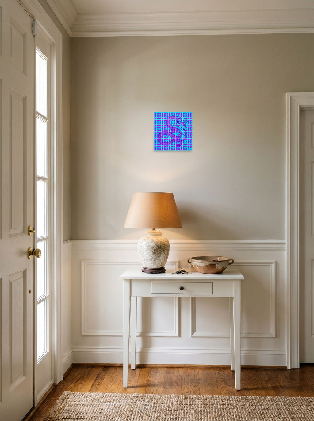 A 10x10 inch unframed paper Pop art print of 'Neon Dragon Grid' hanging in an entryway near a console.