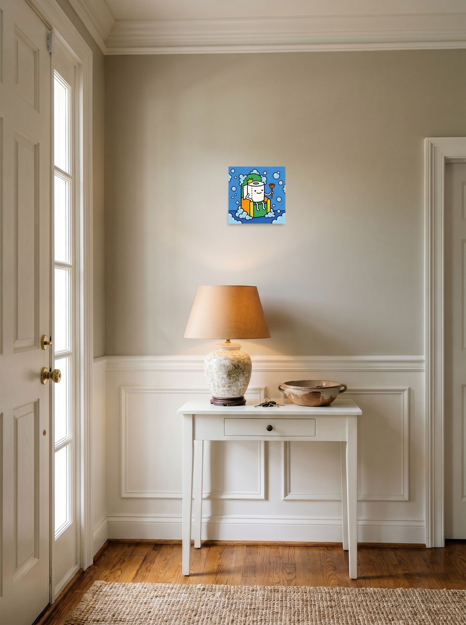 A 10x10 inch unframed paper Pop art,Cloisonnism print of 'King of the Bathroom' hanging in an entryway near a console.