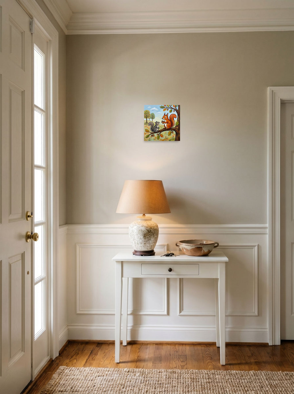 A 10x10 inch unframed paper Naive art print of 'The Nut Gatherers' hanging in an entryway near a console.