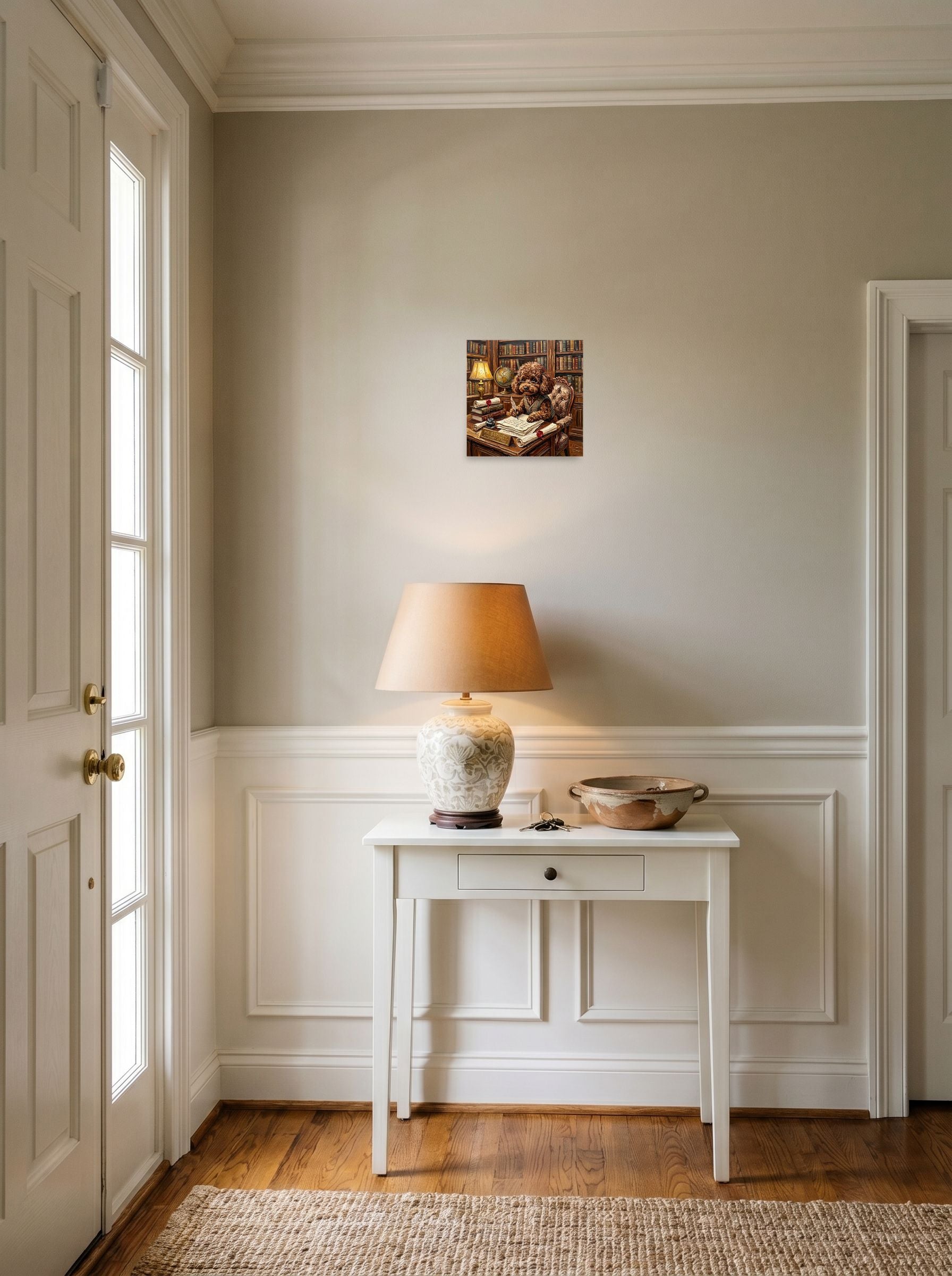 A 10x10 inch unframed paper Expressionism print of 'The Scholar's Treat' hanging in an entryway near a console.