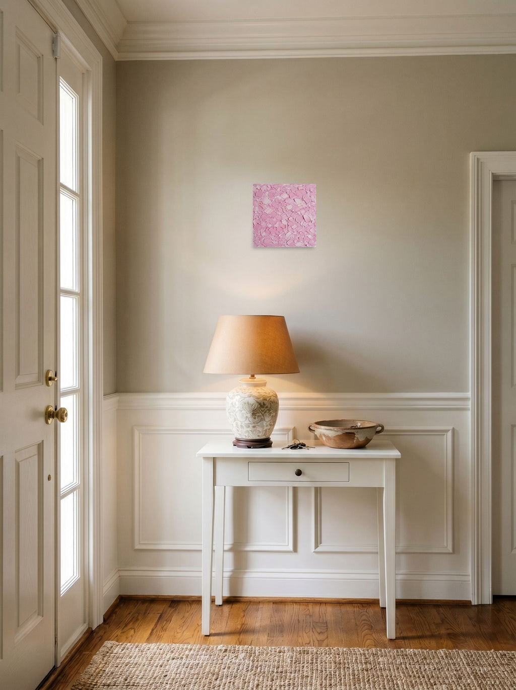 A 10x10 inch unframed paper Expressionism print of 'Blush Topography' hanging in an entryway near a console.