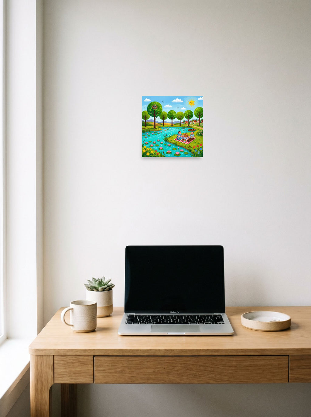 'Lakeside Picnic', a Naive art print hanging above a worktable with a laptop. Shown as unframed paper, 10x10 inch.