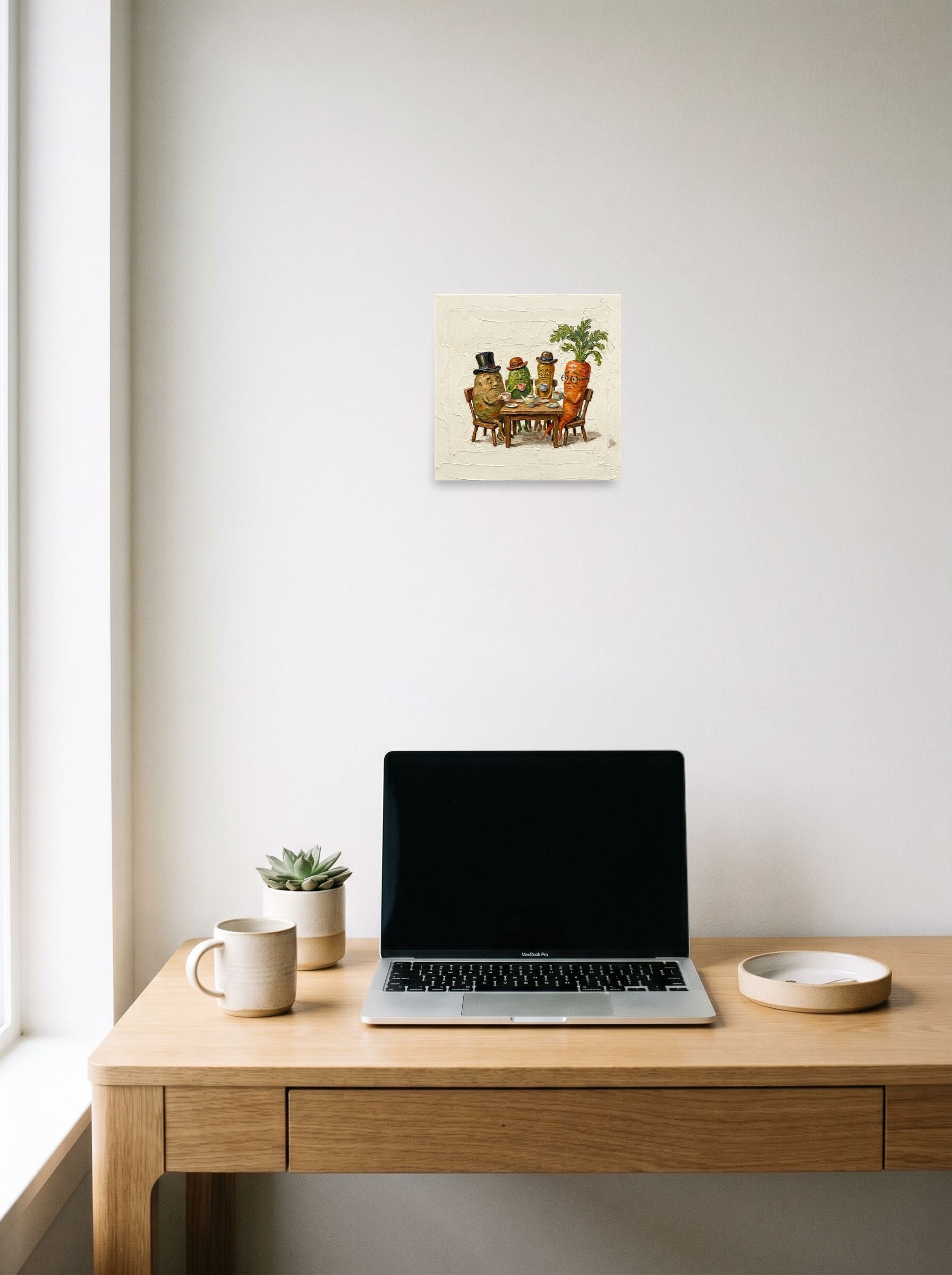 A 10x10 inch unframed paper Pop art,Lowbrow print of 'A Proper Brew' hanging above a worktable with a laptop.