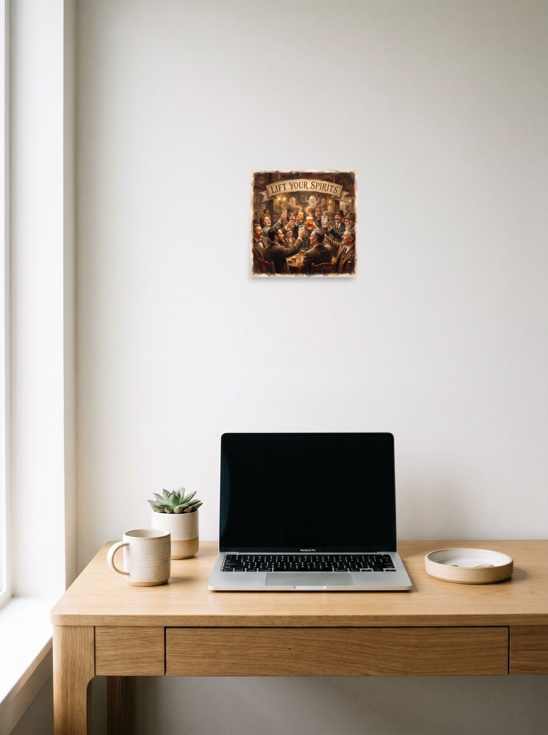 10x10 inch unframed paper print of 'Lift Your Spirits', hanging above a worktable with a laptop.
