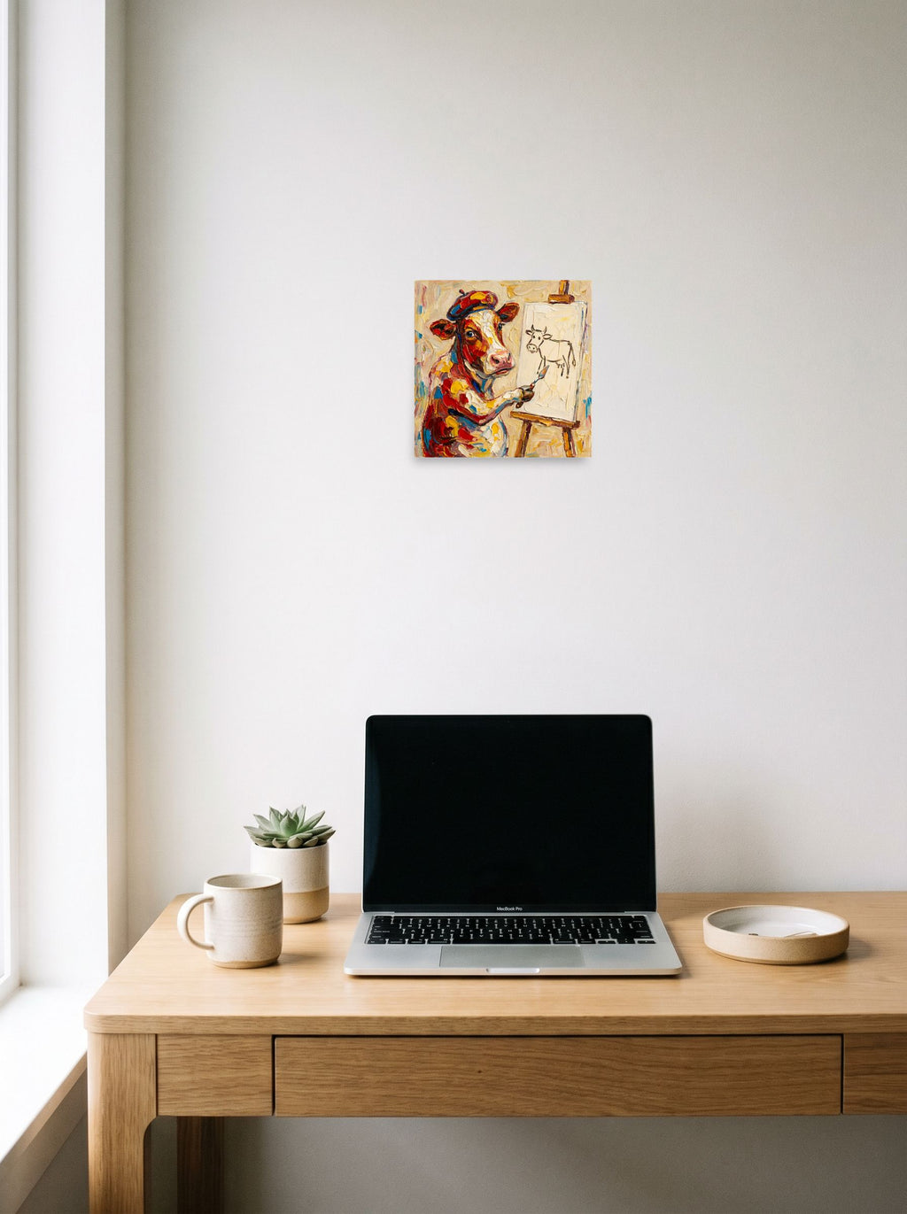 A 10x10 inch unframed paper Post-Impressionism print of 'The Bovine Artist' hanging above a worktable with a laptop.
